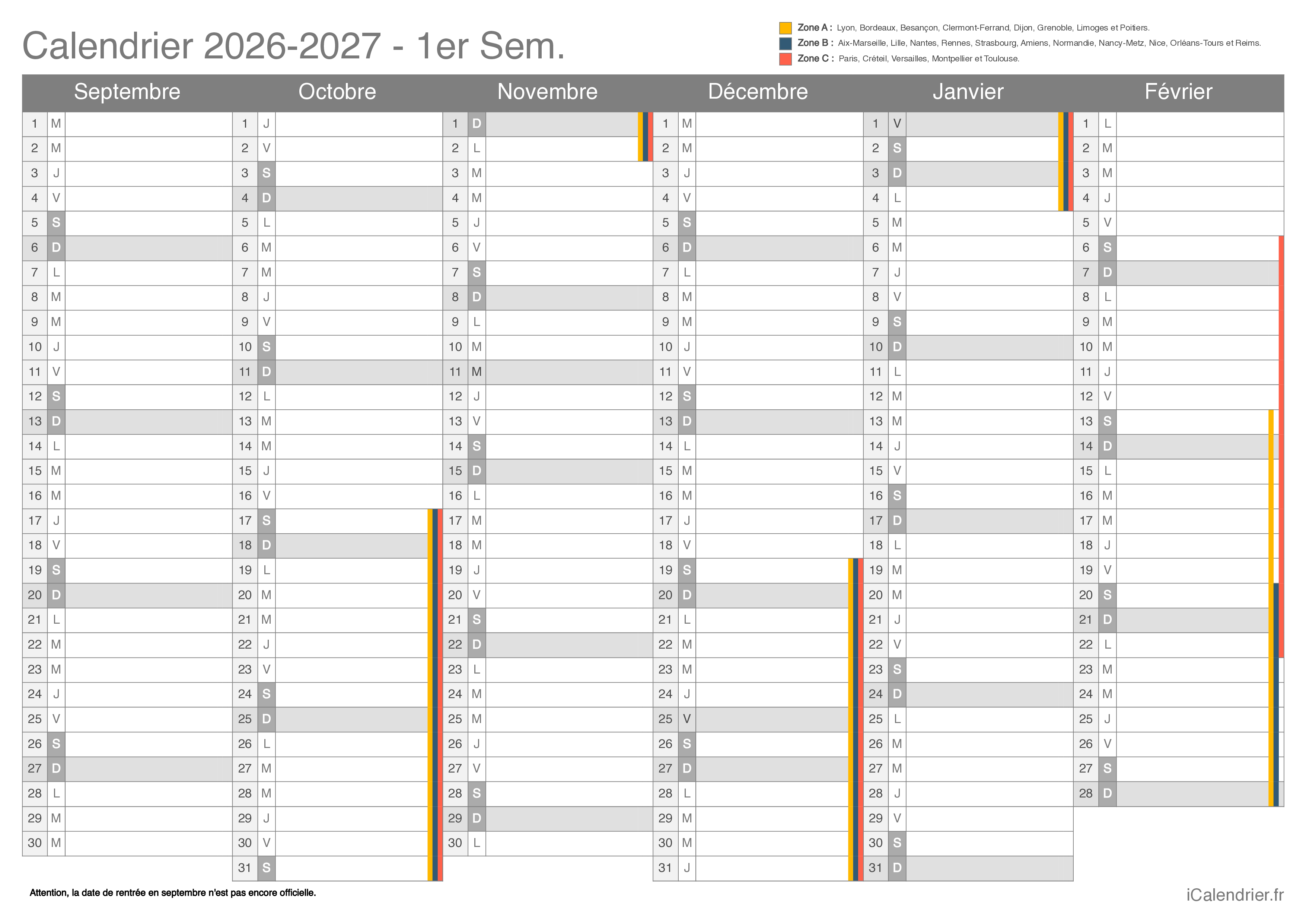Calendrier des vacances scolaires 2026-2027 par semestre