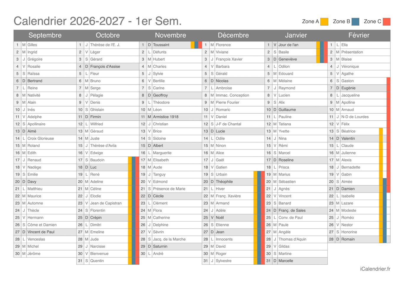 Calendrier des vacances scolaires 2026-2027 par semestre avec fête du jour