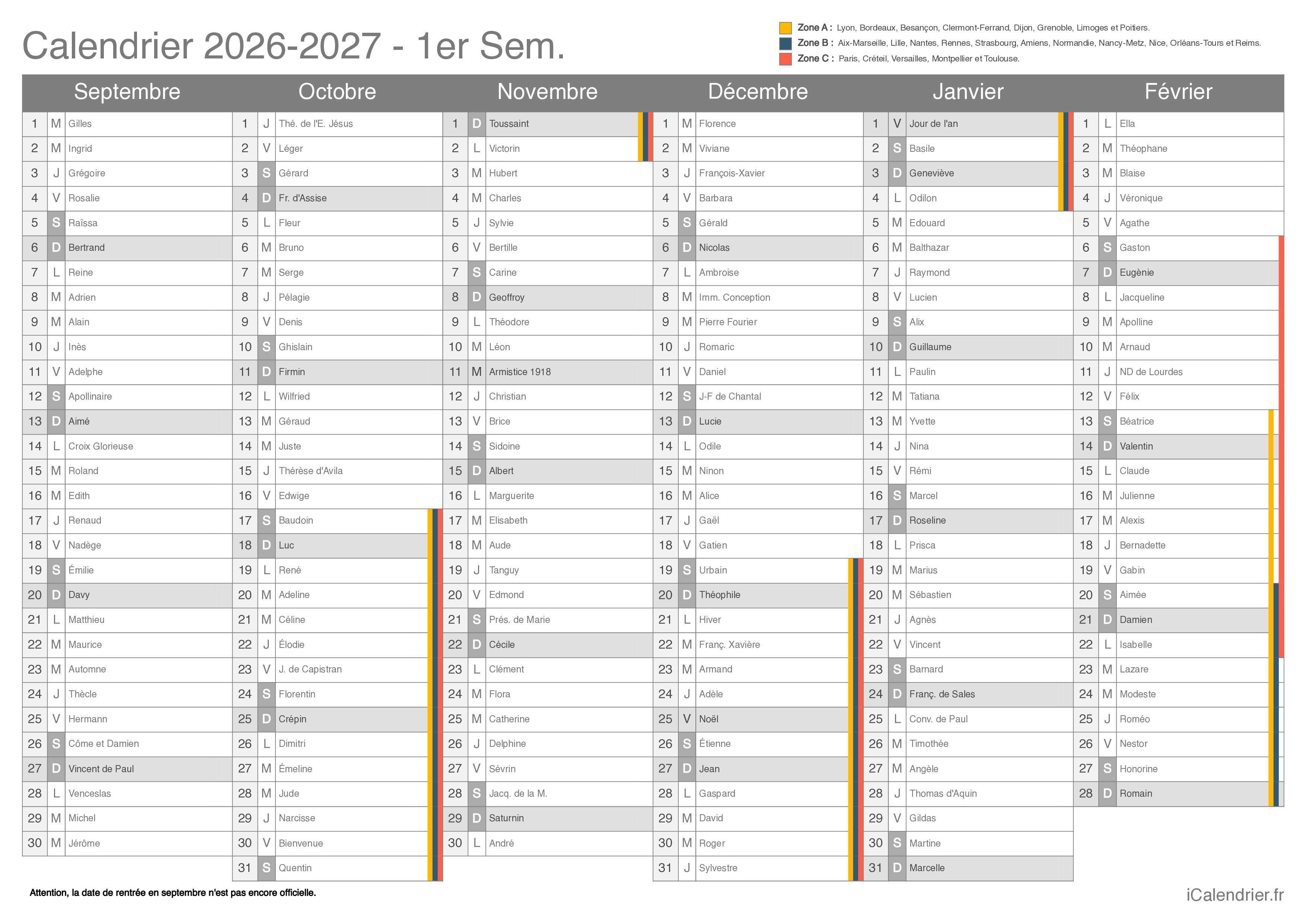 Calendrier des vacances scolaires 2026-2027 par semestre avec fête du jour