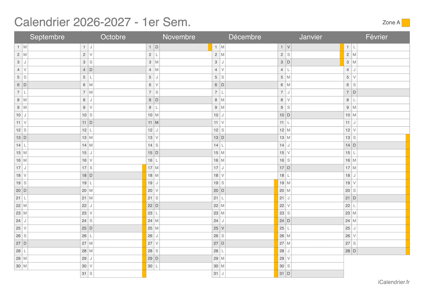 Calendrier des vacances scolaires 2026-2027 par semestre Zone A