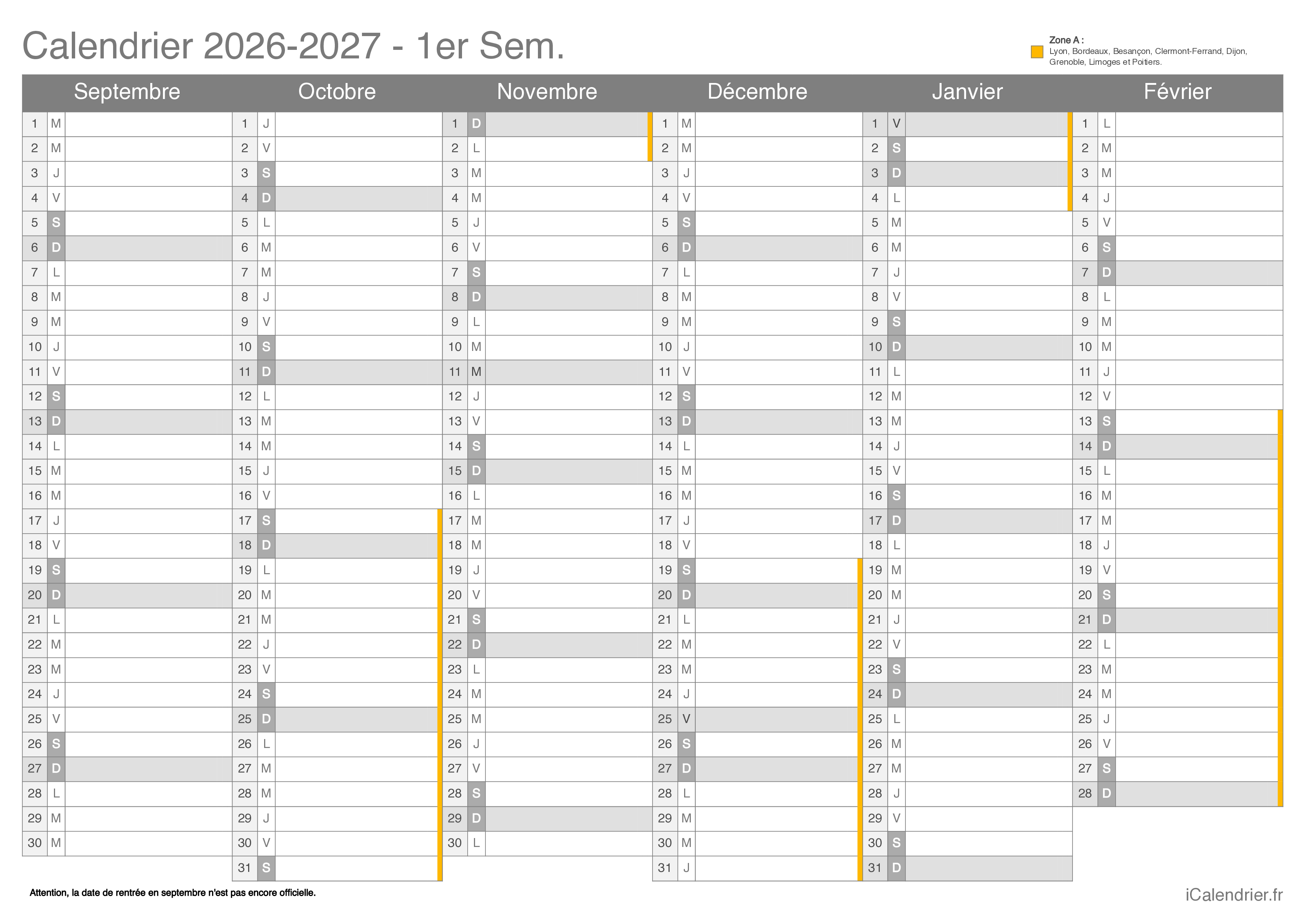 Calendrier des vacances scolaires 2026-2027 par semestre Zone A