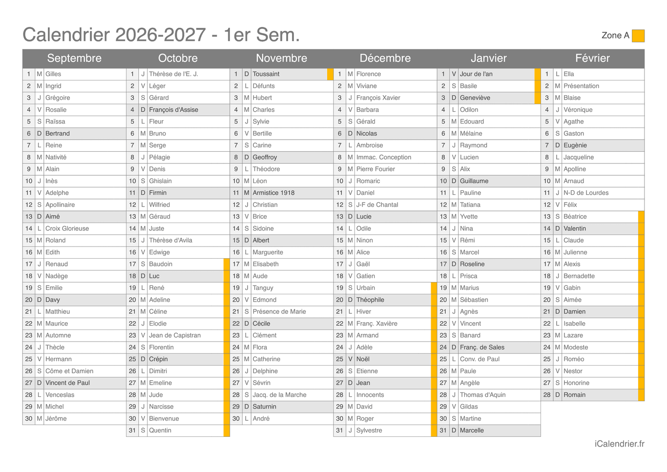 Calendrier des vacances scolaires 2026-2027 par semestre, Zone A, avec fête du jour