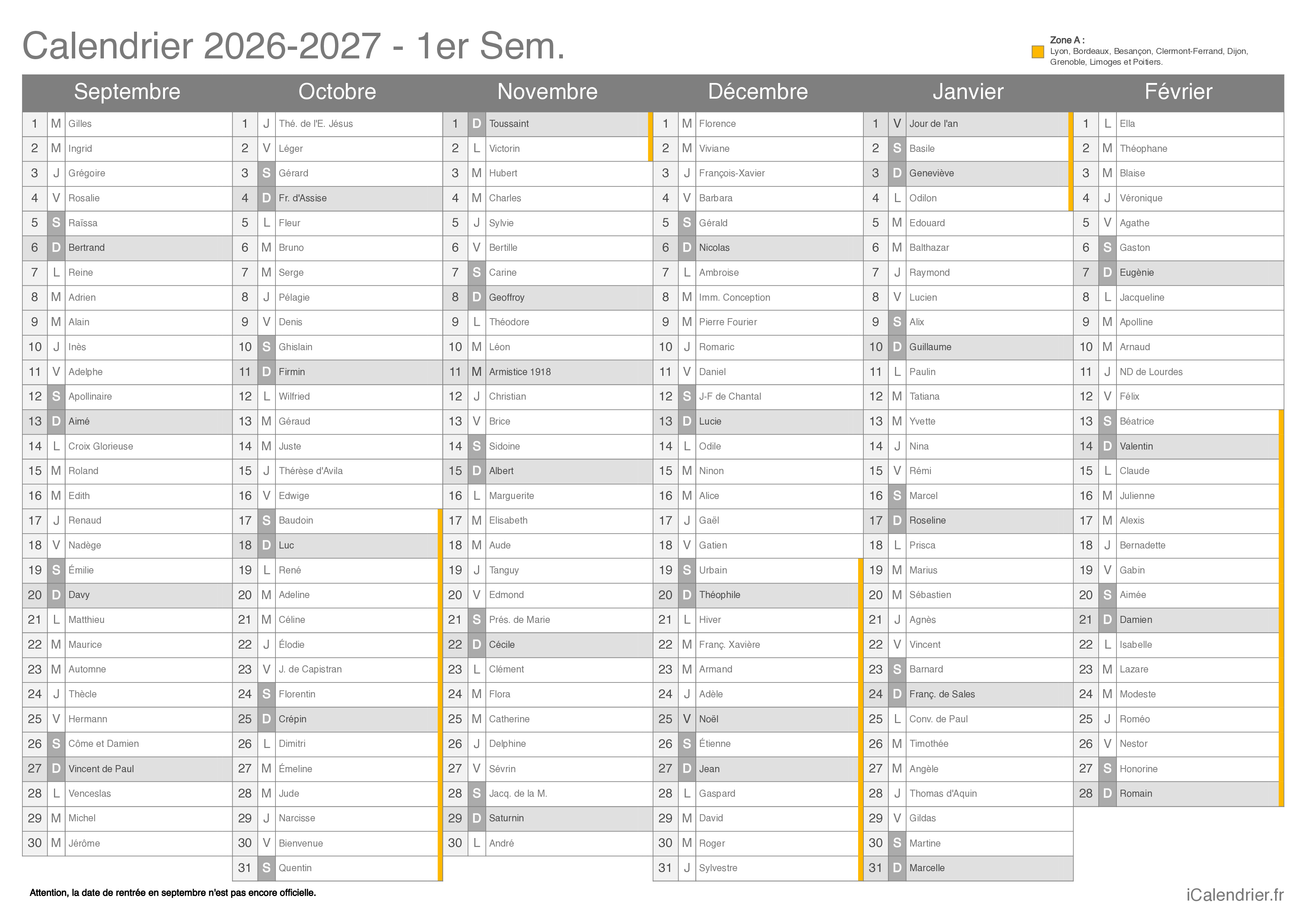 Calendrier des vacances scolaires 2026-2027 par semestre, Zone A, avec fête du jour