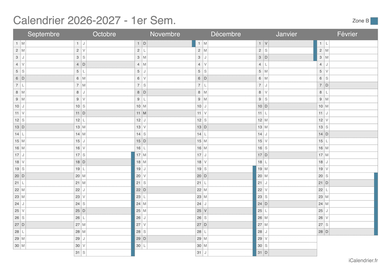 Calendrier des vacances scolaires 2026-2027 par semestre Zone B