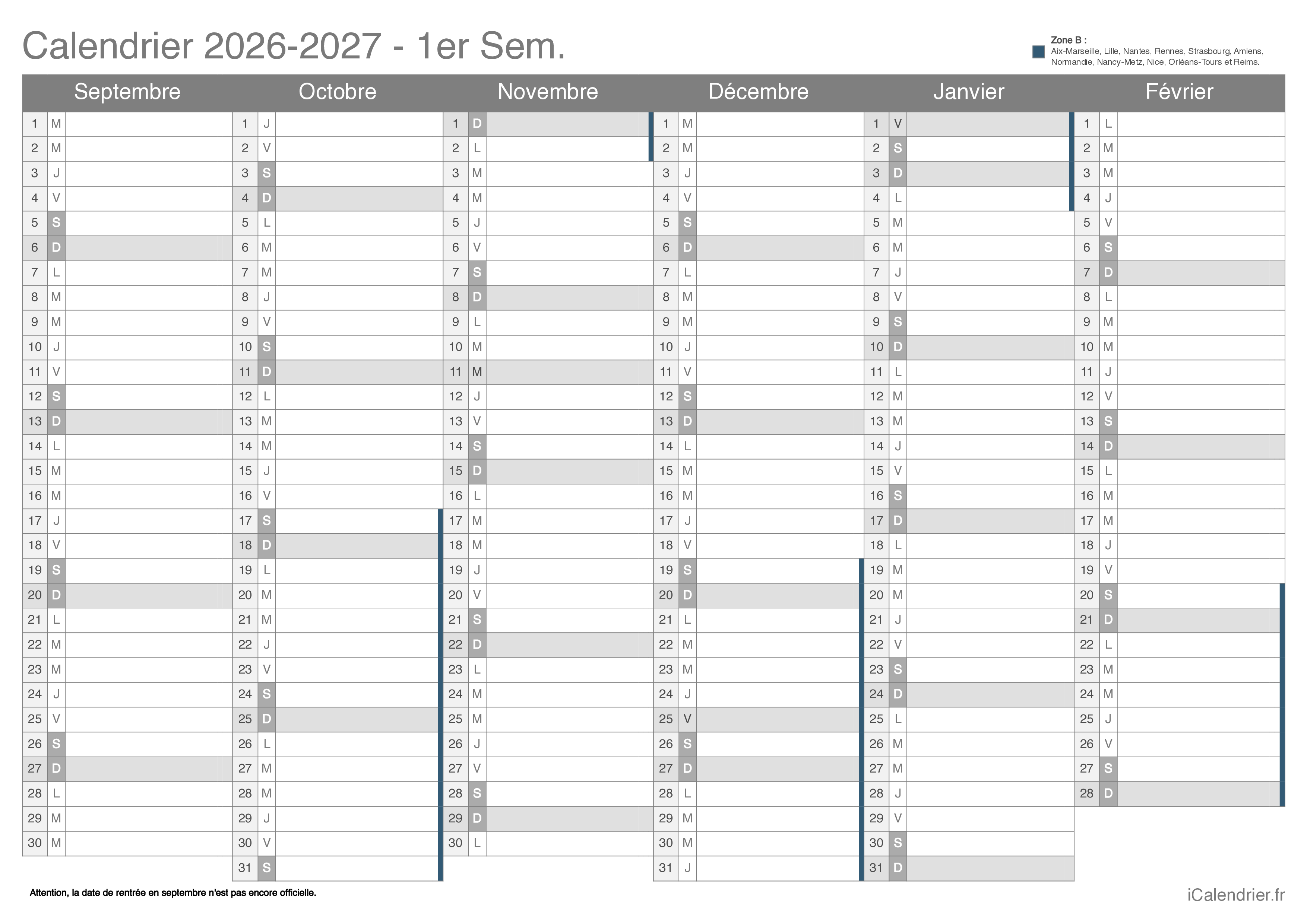 Calendrier des vacances scolaires 2026-2027 par semestre Zone B