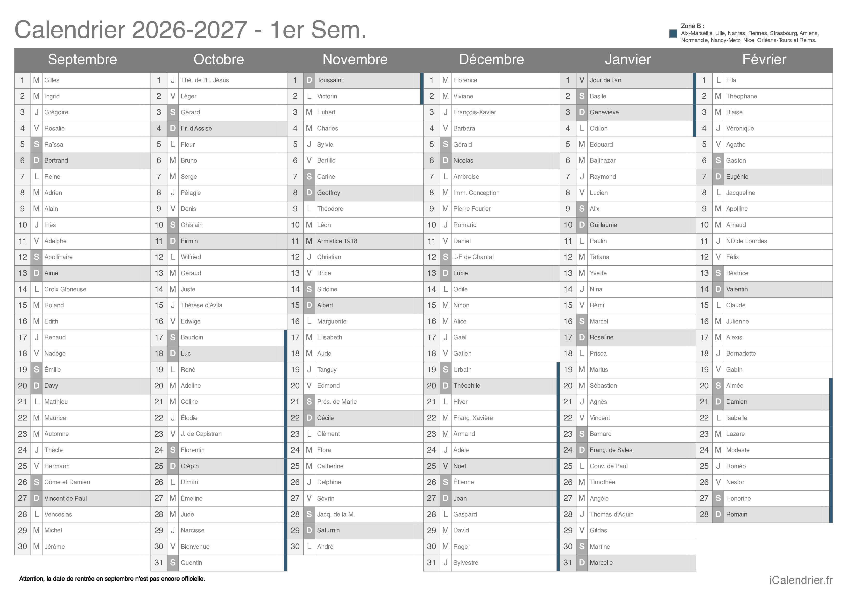 Calendrier des vacances scolaires 2026-2027 par semestre, Zone B, avec fête du jour
