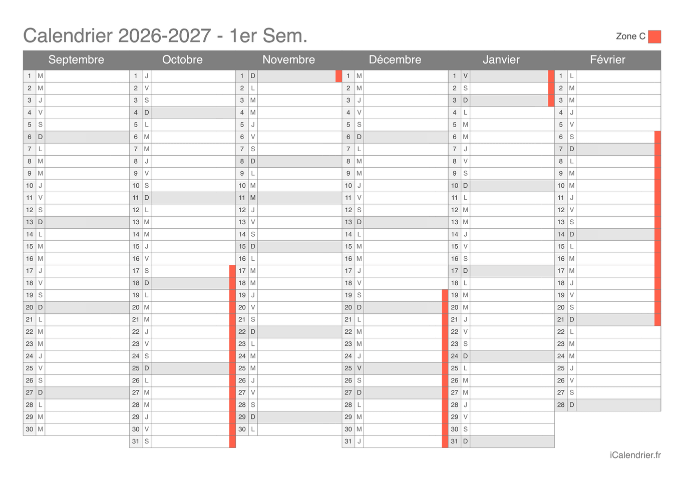 Calendrier des vacances scolaires 2026-2027 par semestre Zone C