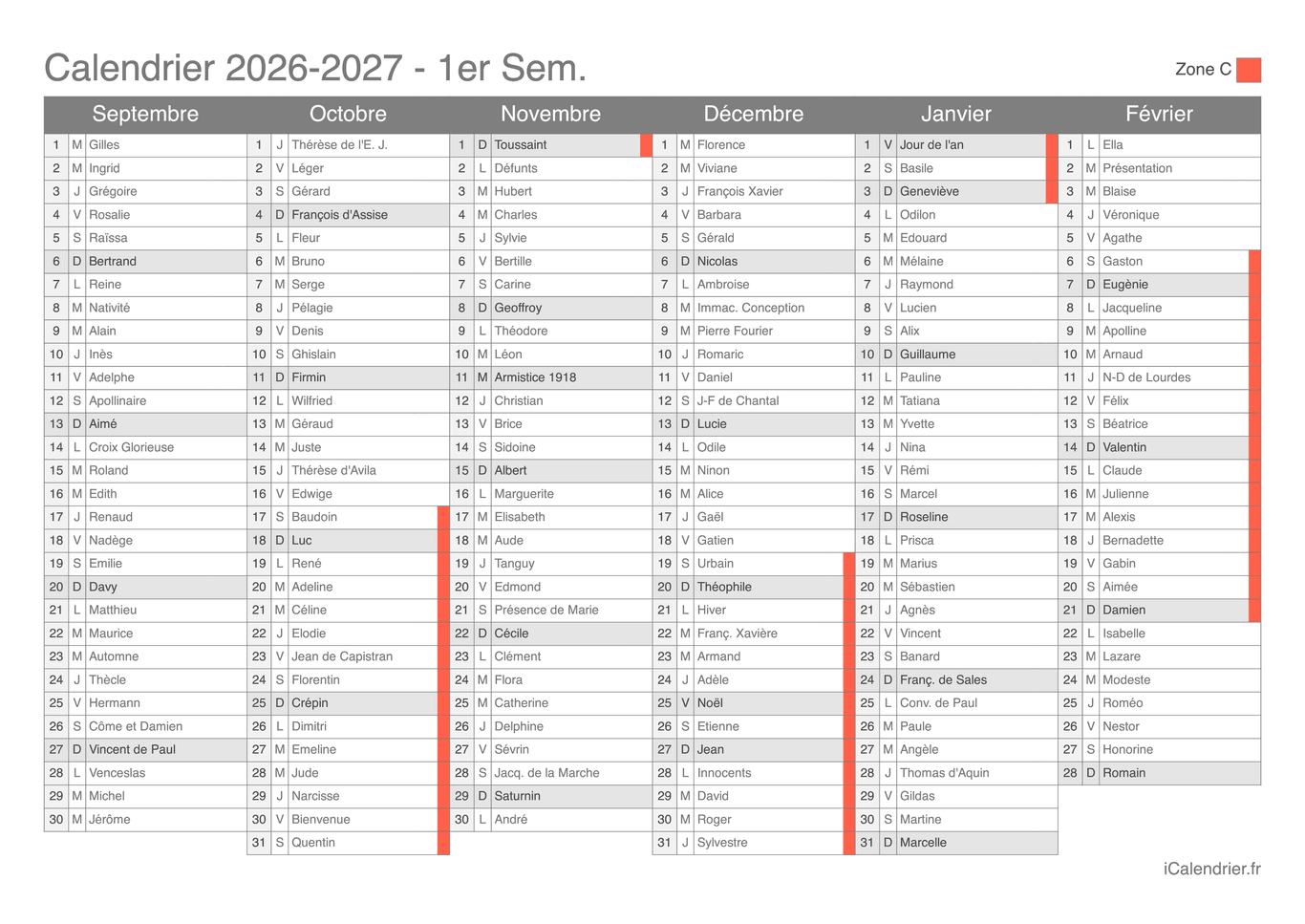 Calendrier des vacances scolaires 2026-2027 par semestre, Zone C, avec fête du jour