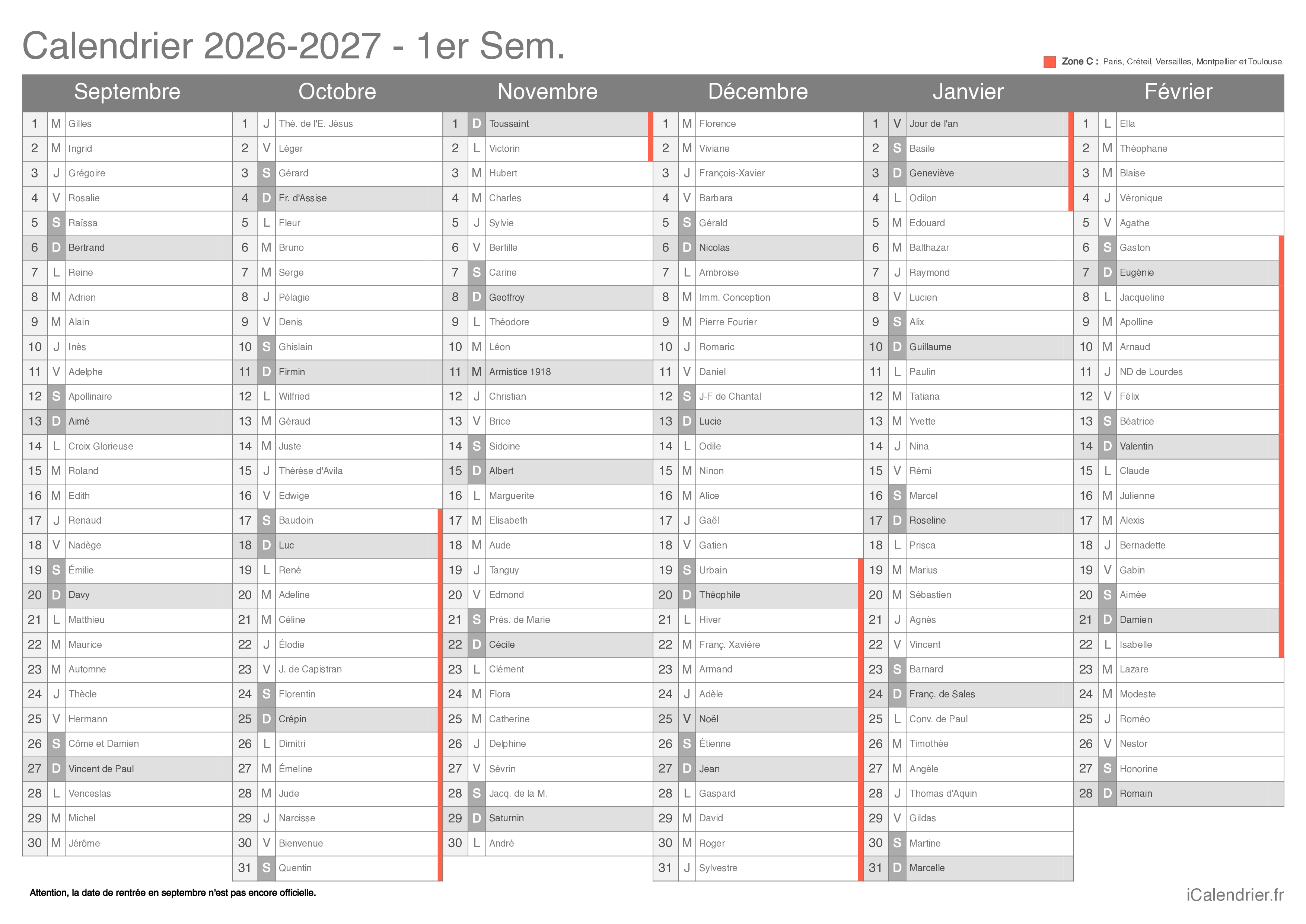 Calendrier des vacances scolaires 2026-2027 par semestre, Zone C, avec fête du jour