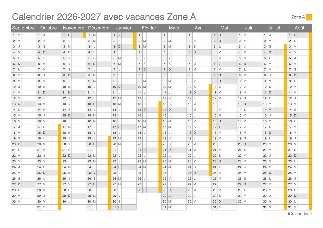 Calendrier des vacances scolaires 2026-2027 Zone A