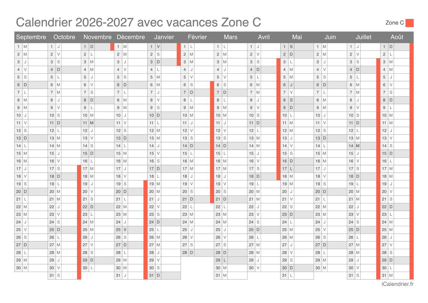 Calendrier des vacances scolaires 2026-2027 Zone C