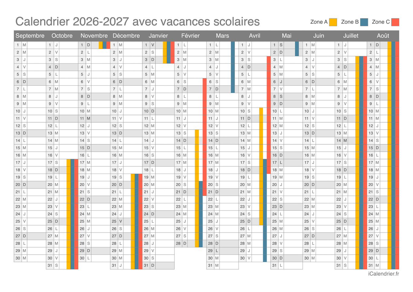 Calendrier des vacances scolaires 2026-2027