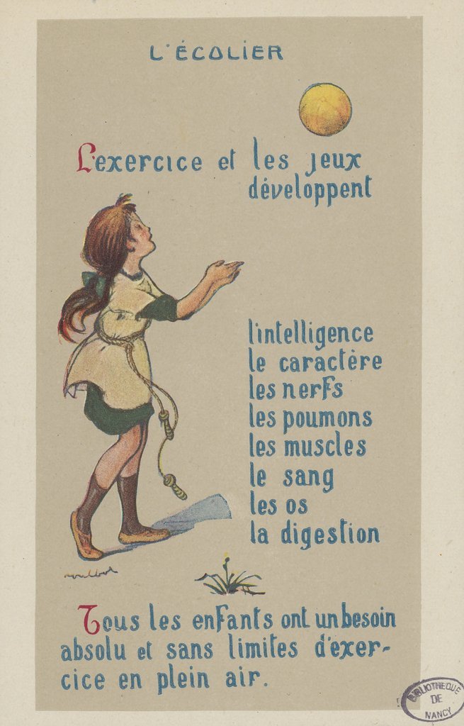 Affiche "L'écolier" de Moullot vantant l'exercice en plein air.