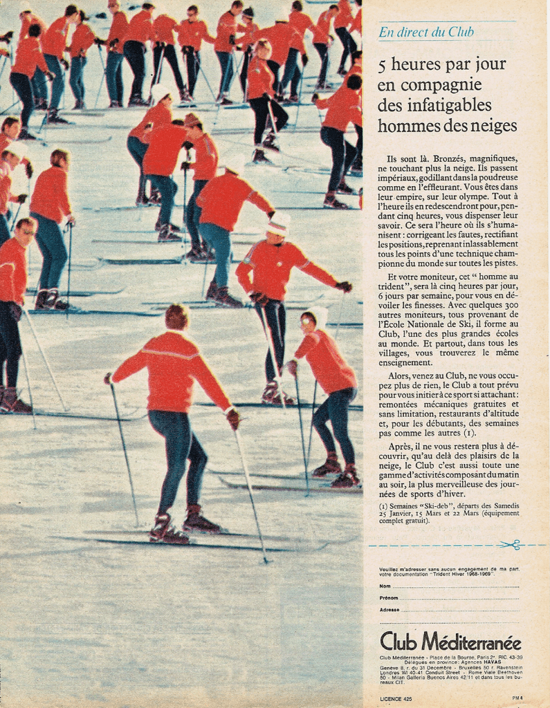 Publicité du Club Méditerranée pour promouvoir les vacances au ski (1968).
