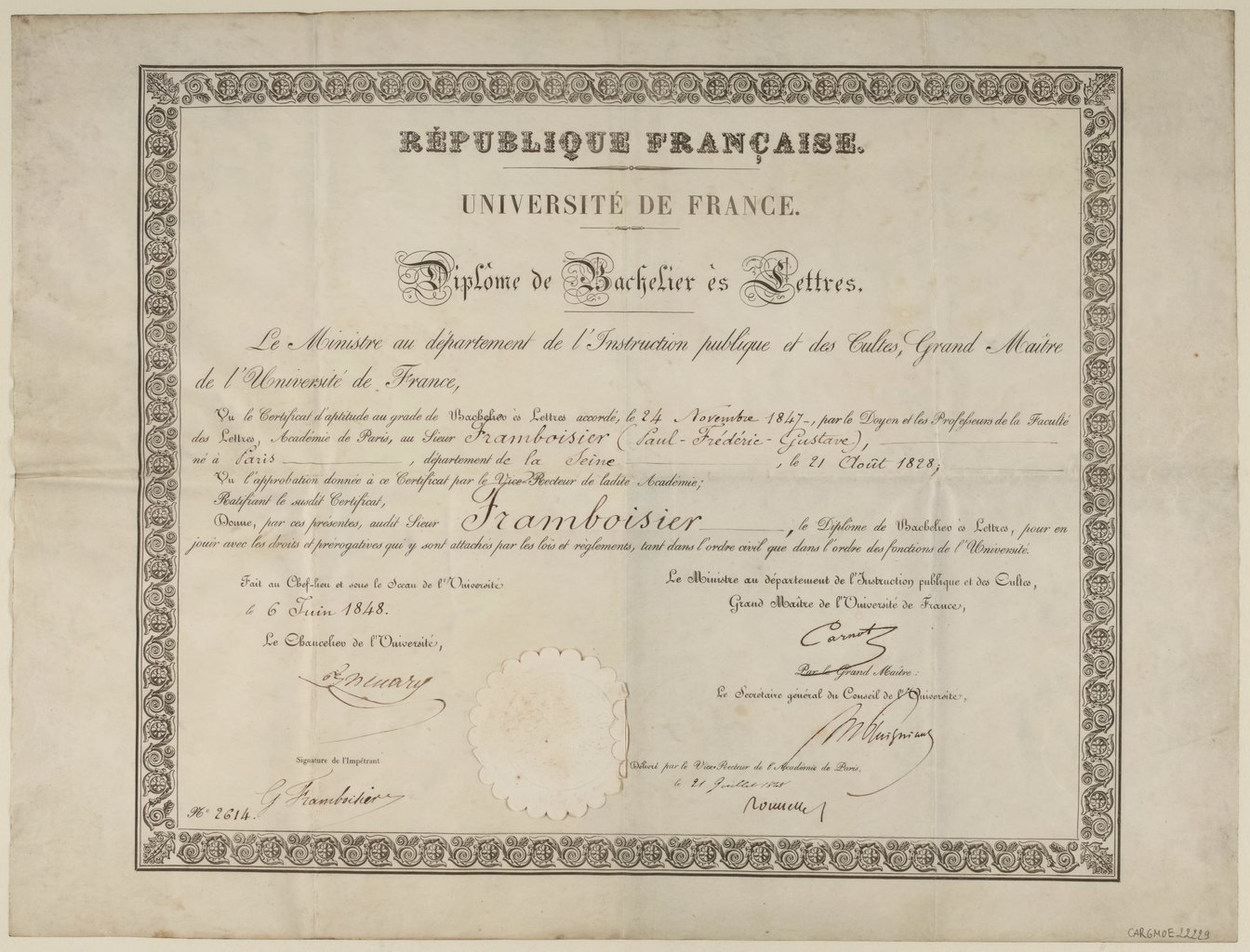 Diplôme de bachelier ès lettres (1848), par l'Université de France.