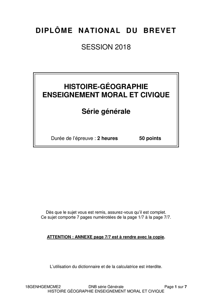 Sujet des épreuves d'histoire-géographie (série générale) du brevet des collèges 2018.