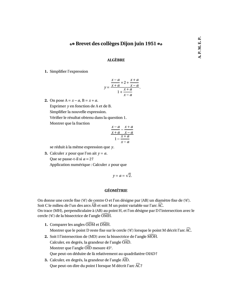 Épreuve de mathématiques du brevet des collèges 1951 (session juin), académie de Dijon.