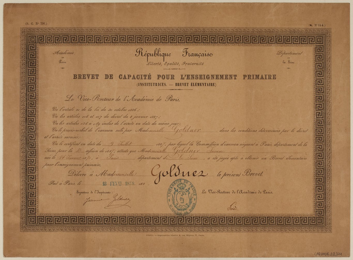 Brevet élémentaire délivré en 1888.
