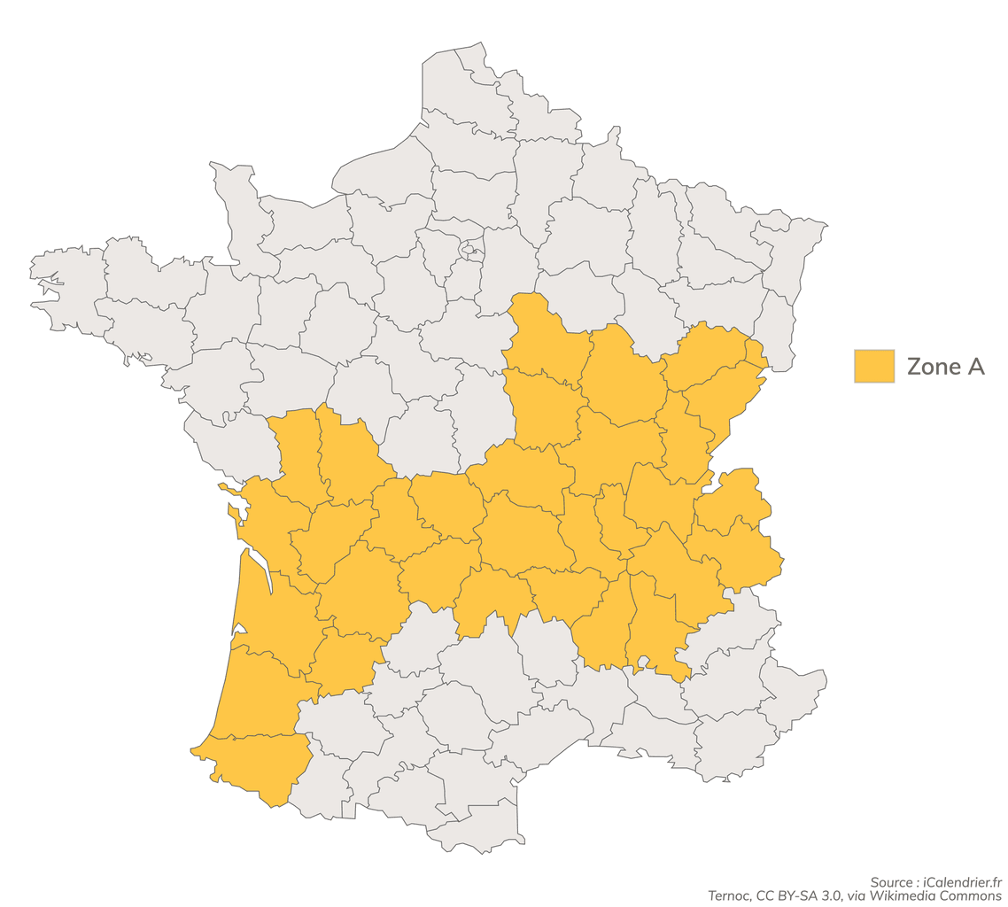 Carte des 32 départements rattachés à la zone A.