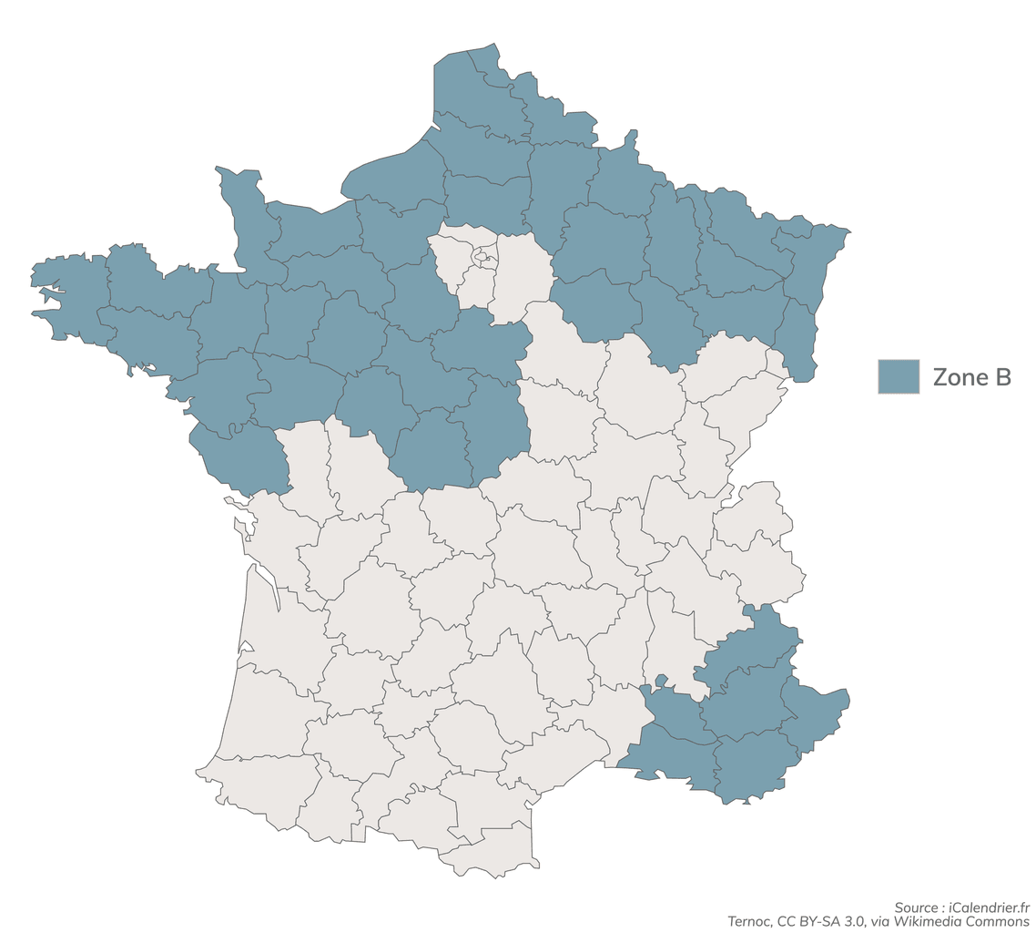 Carte des 41 départements rattachés à la zone B.