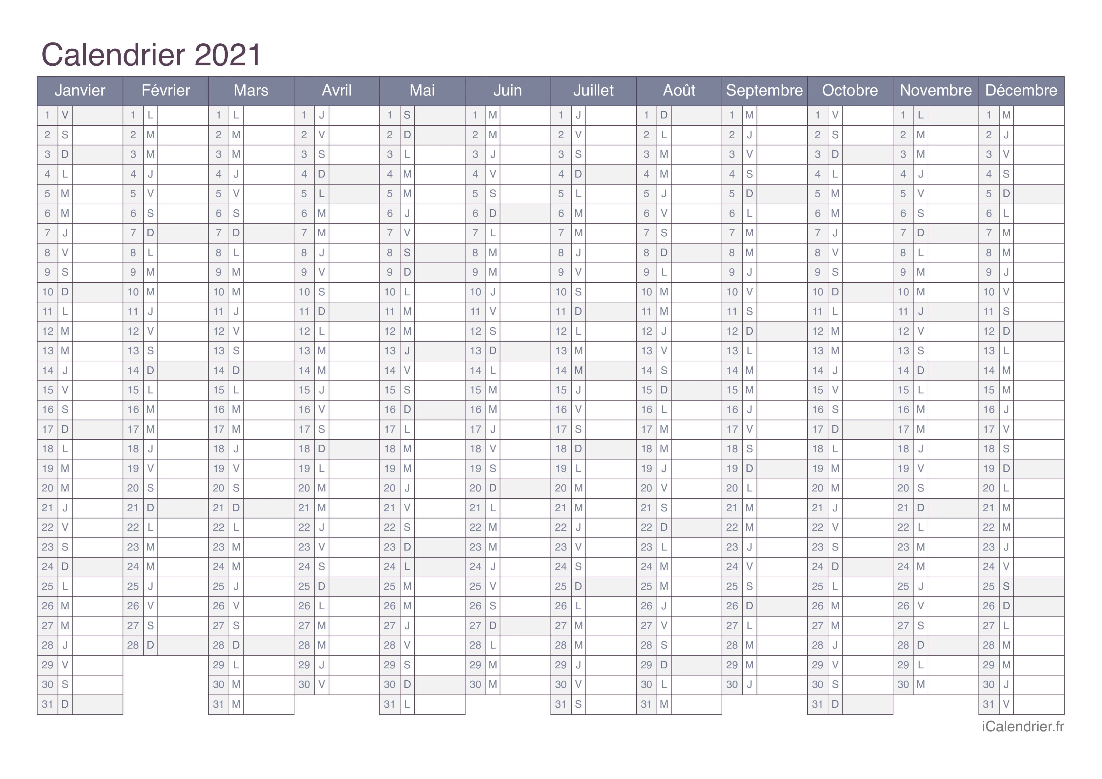 calendrier 2021 excel gratuit a télécharger