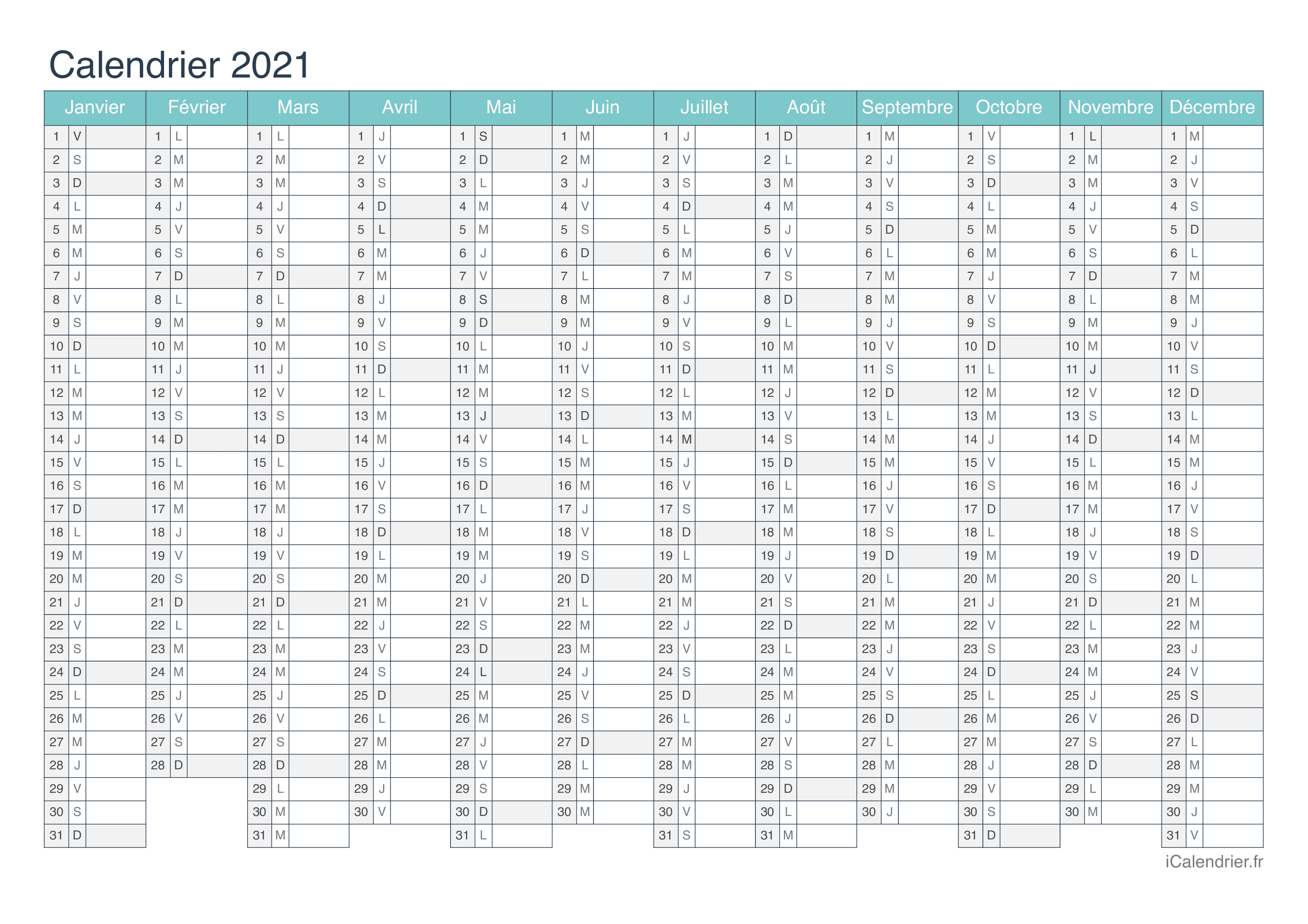 Tableau Excel Calendrier 2021 Calendrier 2021 à imprimer PDF et Excel   iCalendrier