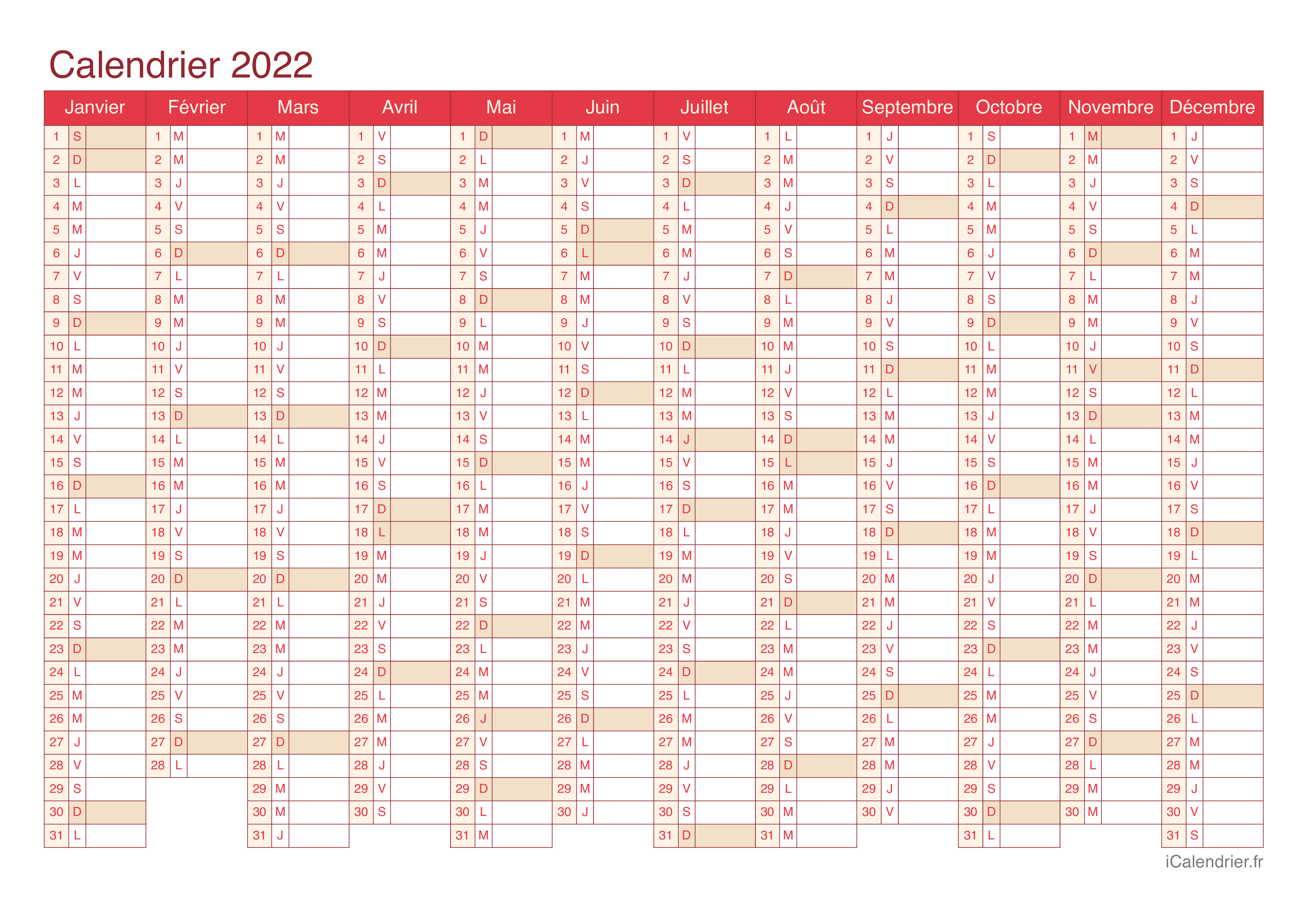  Calendrier  2022   imprimer PDF et Excel iCalendrier