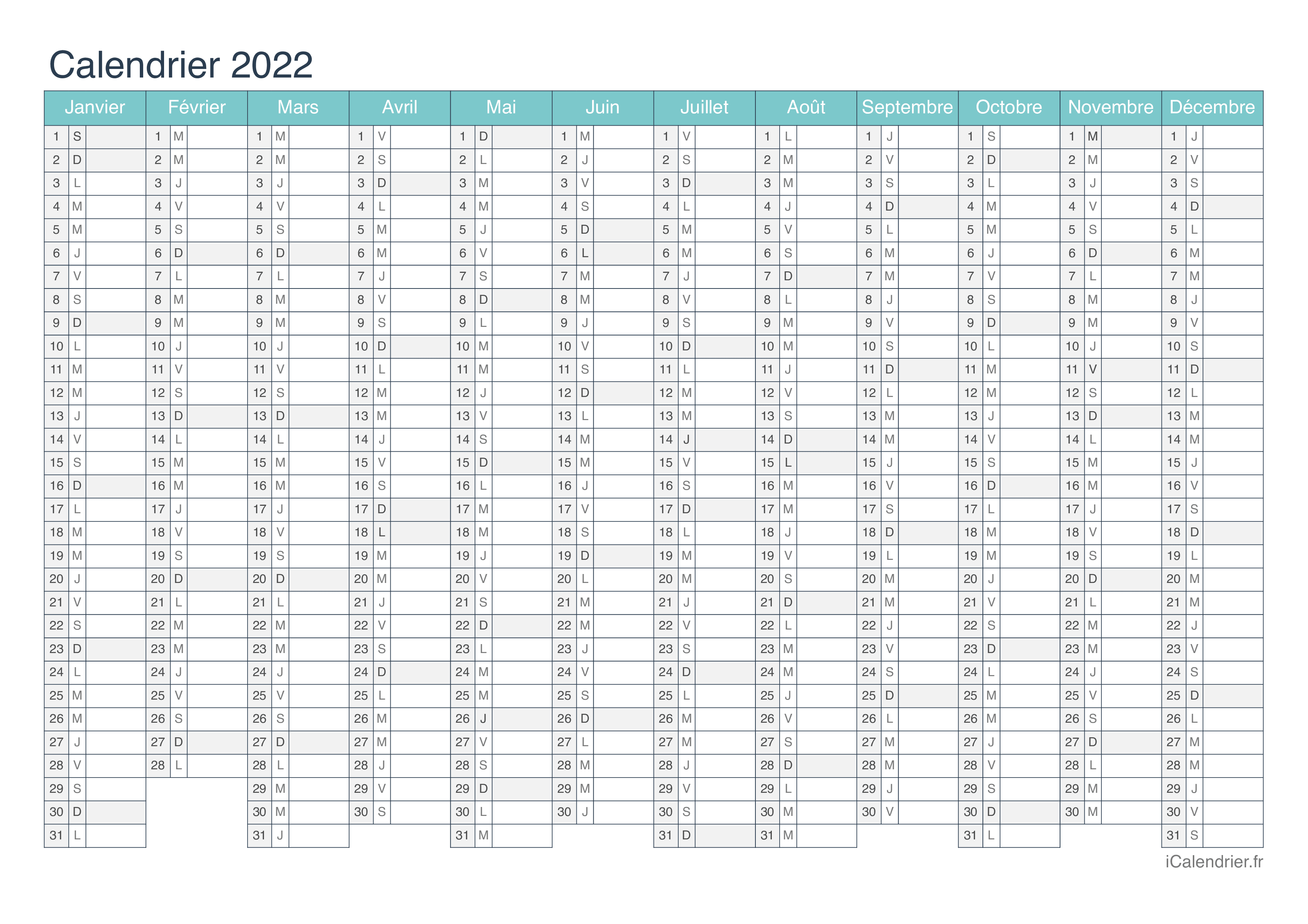  Calendrier  2022   imprimer PDF et Excel iCalendrier