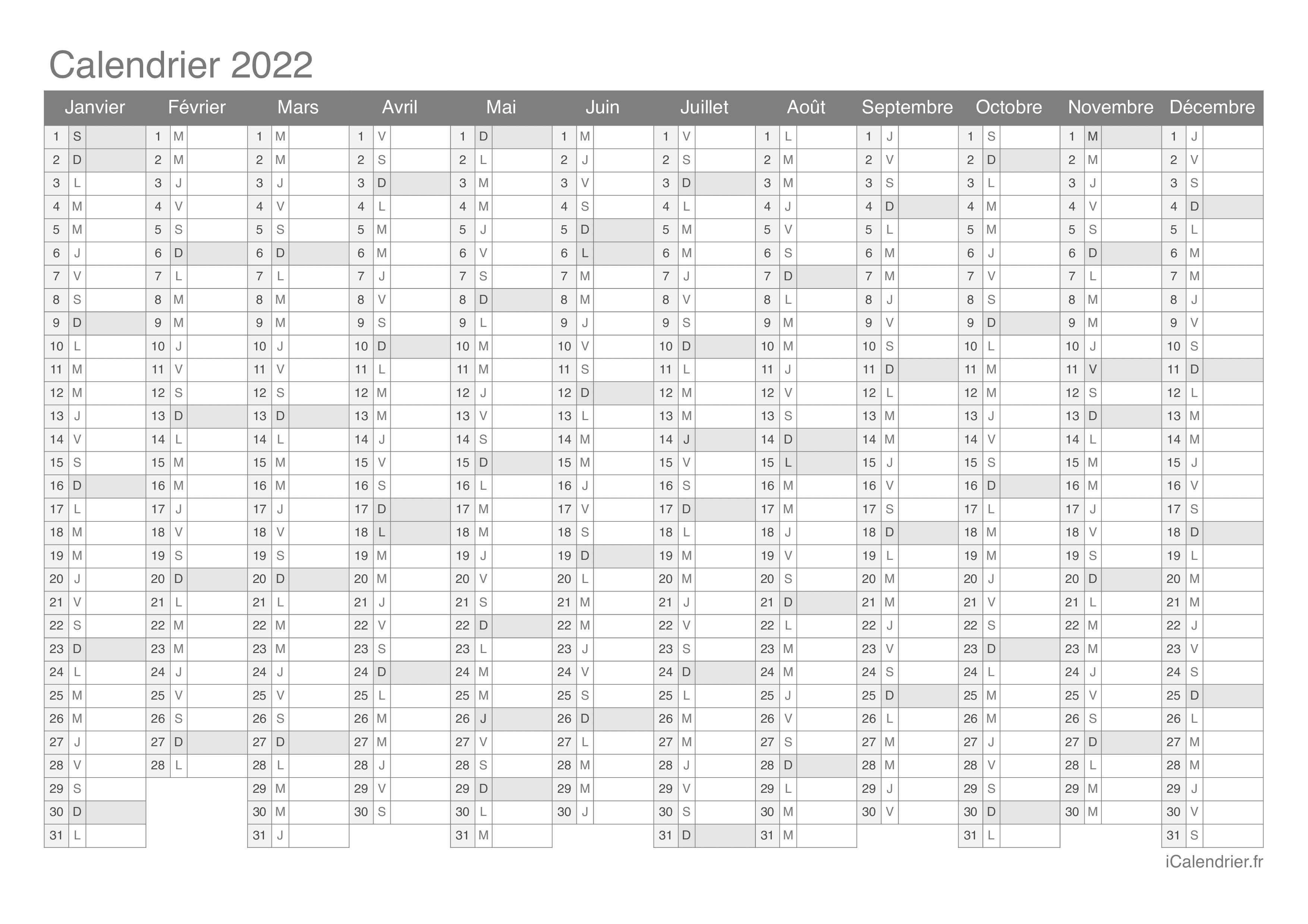 Calendrier 2022 Vide Calendrier 2022 à imprimer PDF et Excel   iCalendrier