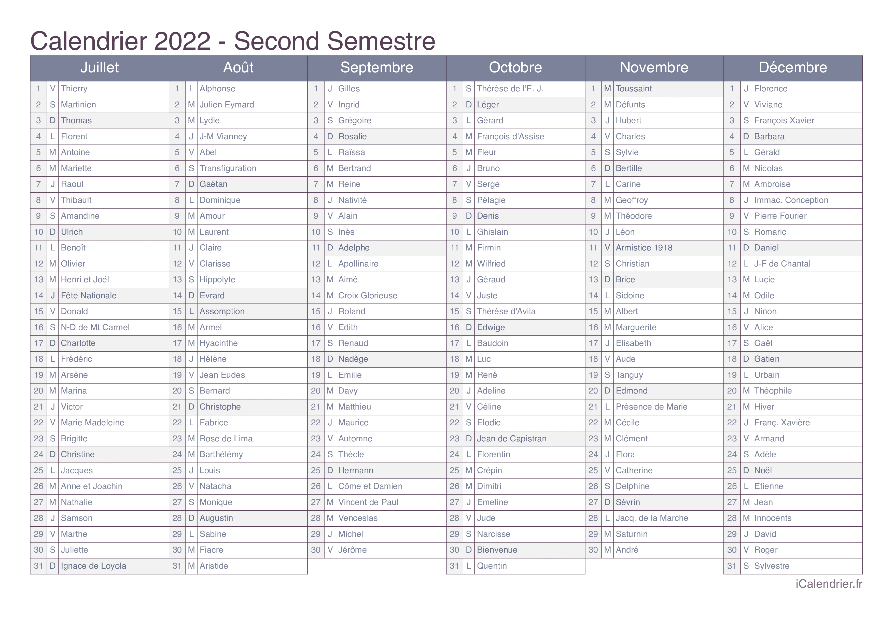 Calendrier 2022 Fêtes Calendrier 2022 à imprimer PDF et Excel   iCalendrier