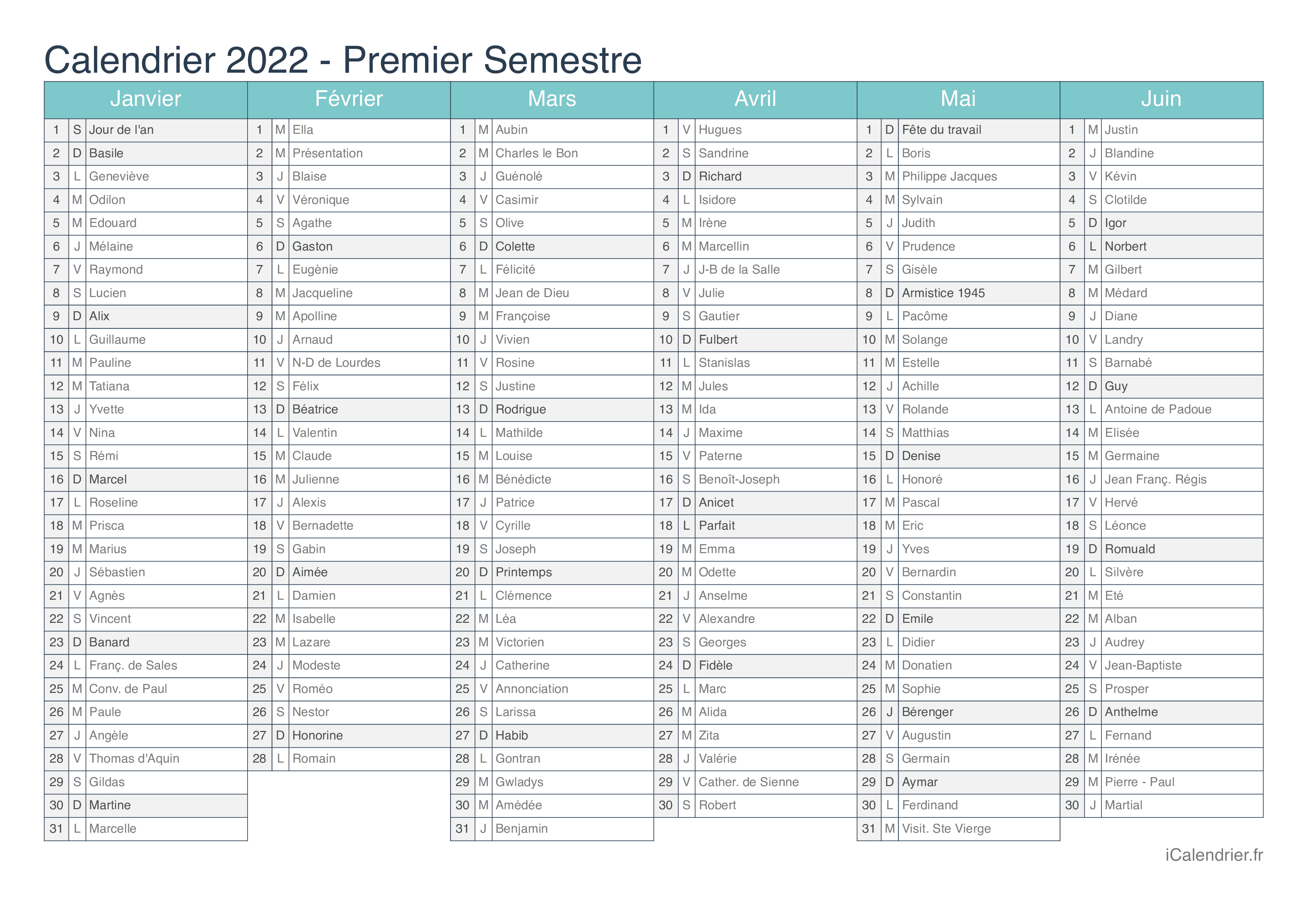 Calendrier Saints 2022 Calendrier 2022 à imprimer PDF et Excel   iCalendrier