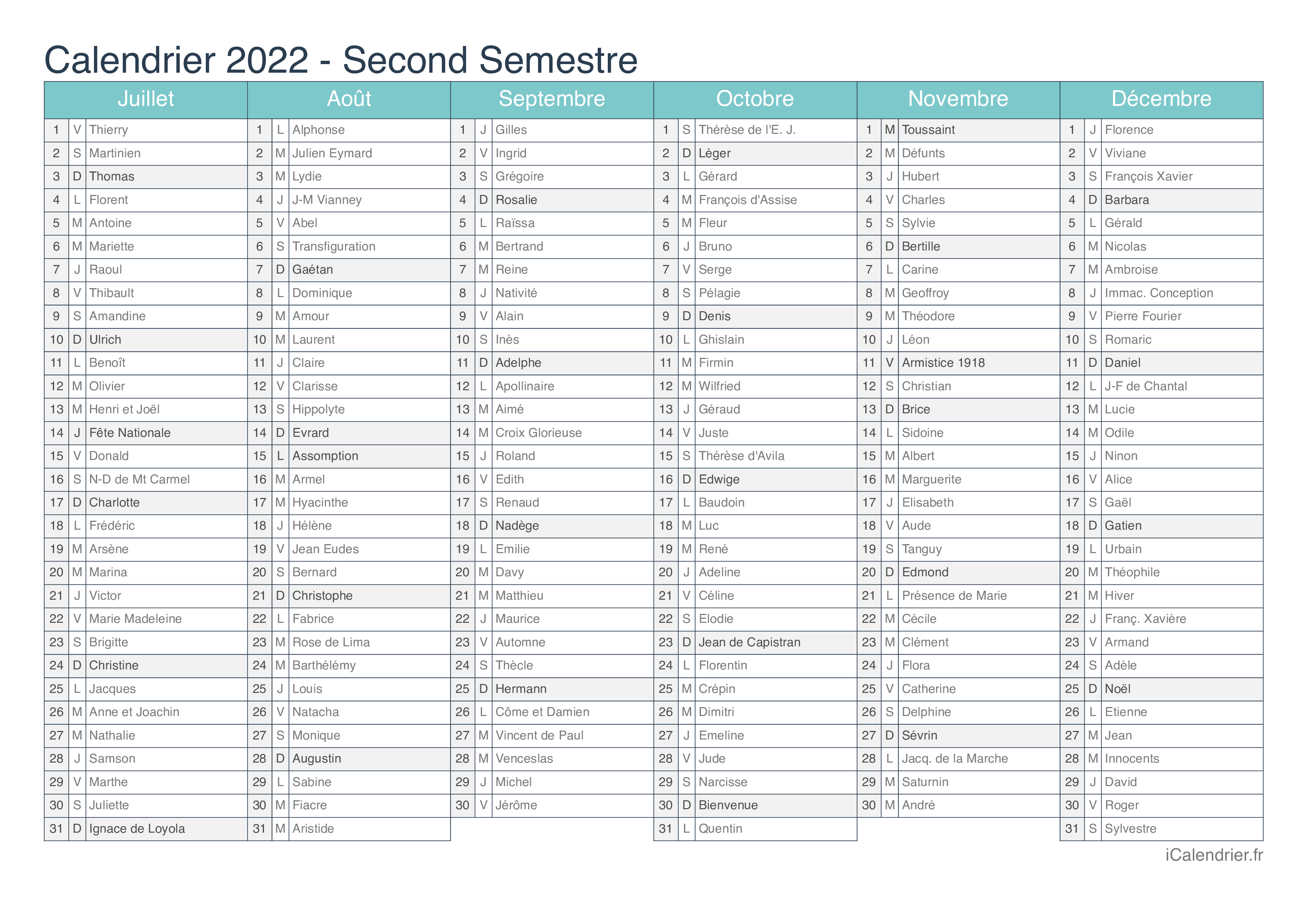  Calendrier  2022   imprimer PDF et Excel iCalendrier