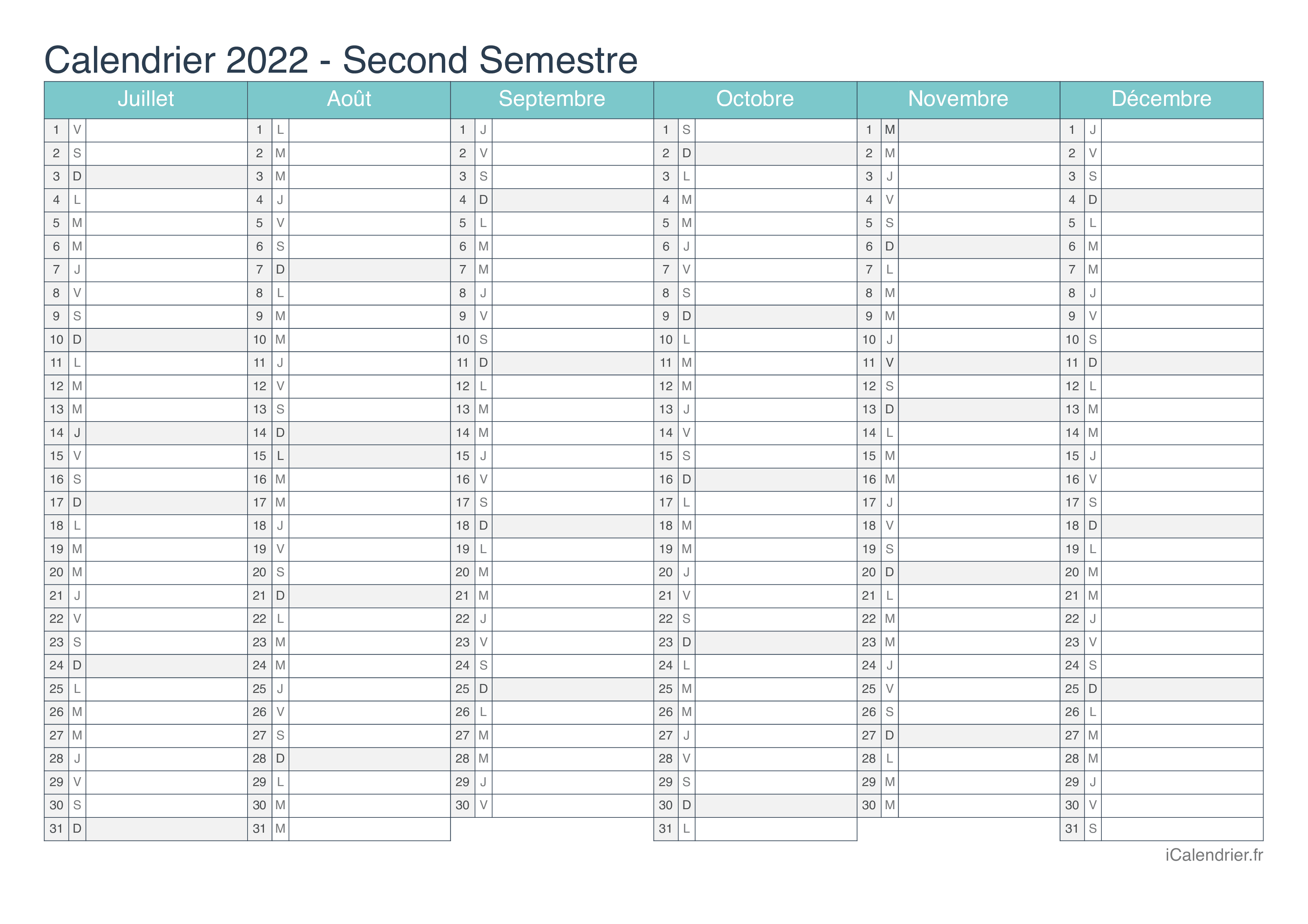Calendrier 2022 Par Semestre Calendrier 2022 à imprimer PDF et Excel   iCalendrier