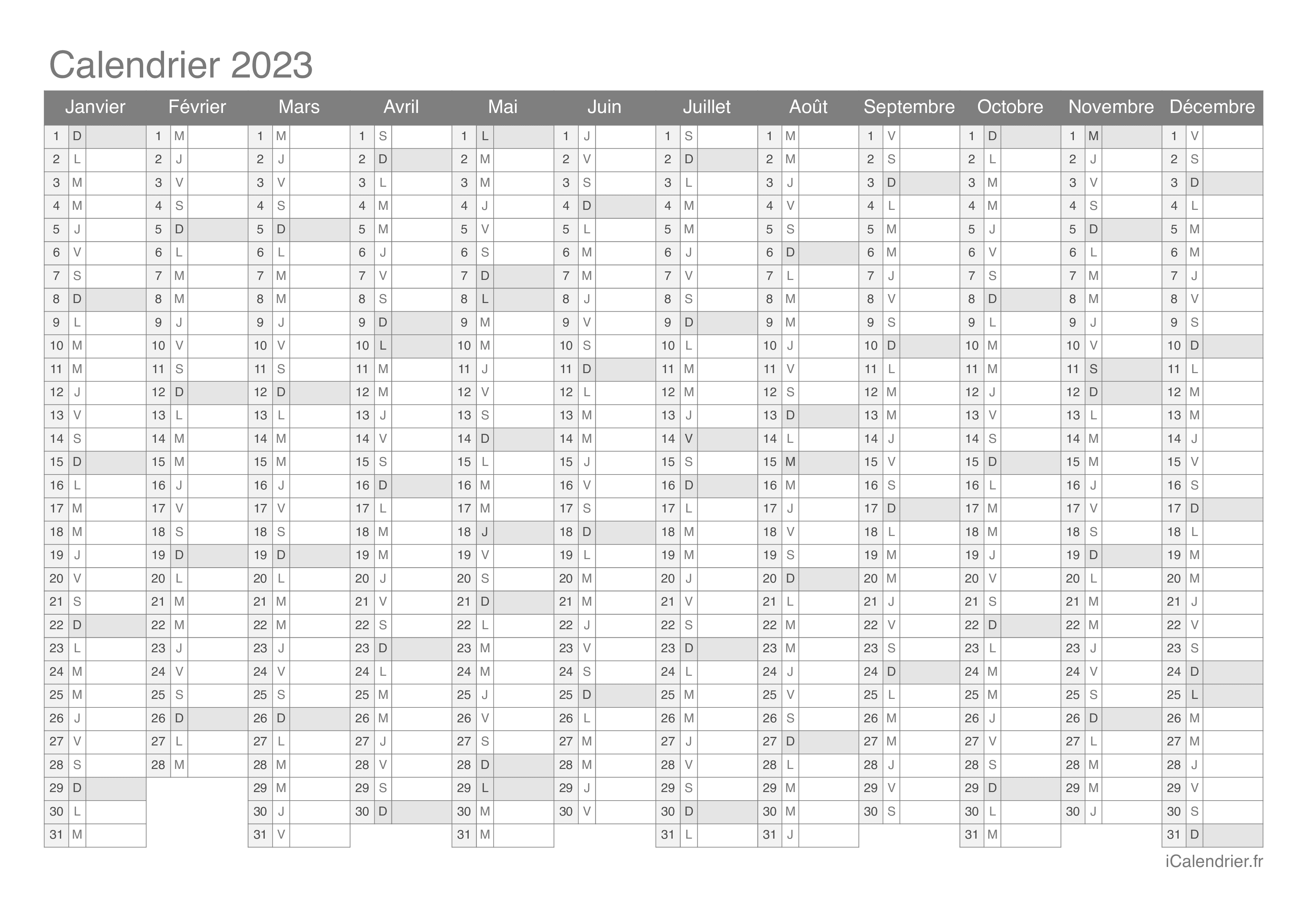 Calendrier 2023 à imprimer PDF et Excel  iCalendrier