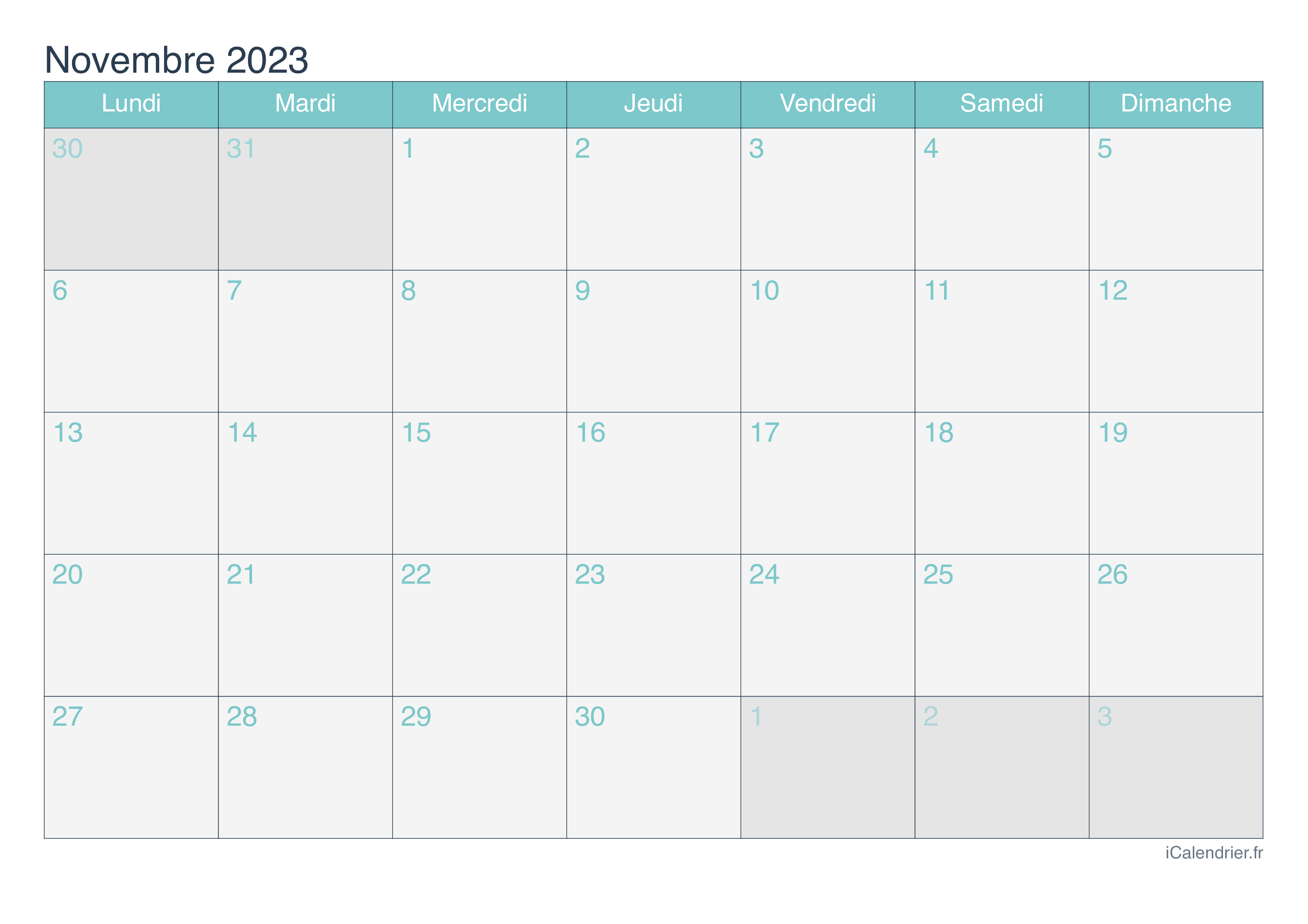 Calendrier Mensuel Novembre 2023 Calendrier Novembre 2023 À Imprimer - Icalendrier