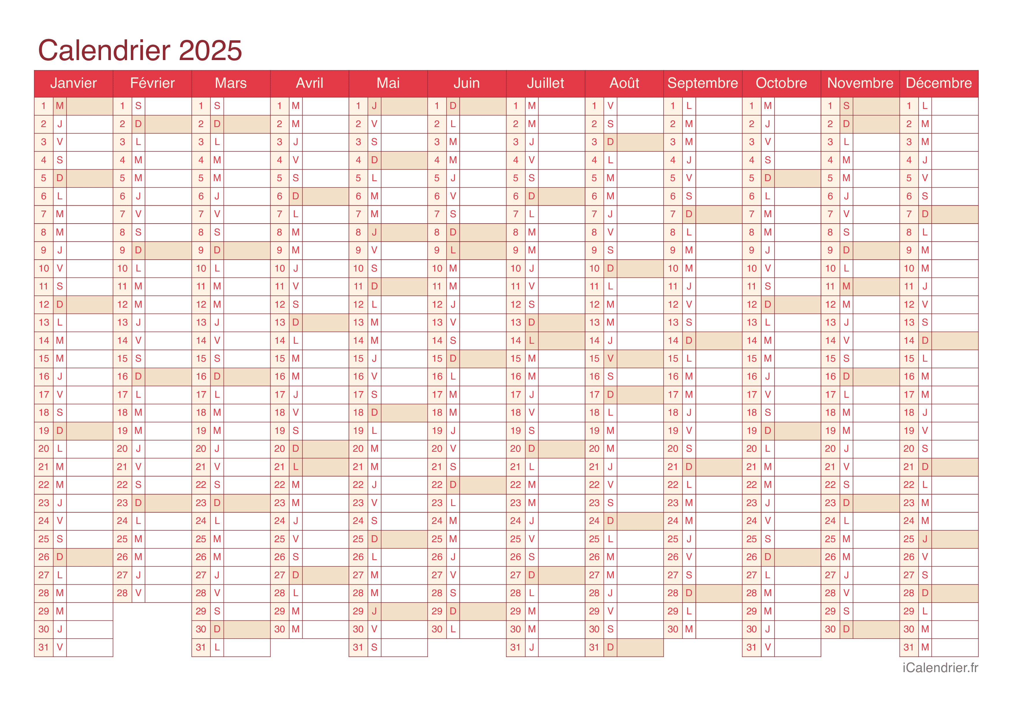 Calendrier 2025 à imprimer PDF et Excel iCalendrier