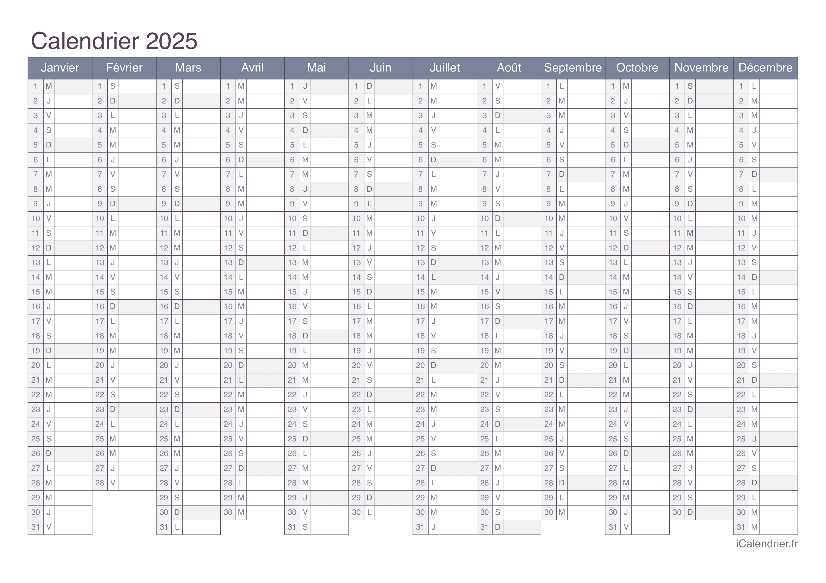 Calendrier 2025 à imprimer PDF et Excel iCalendrier