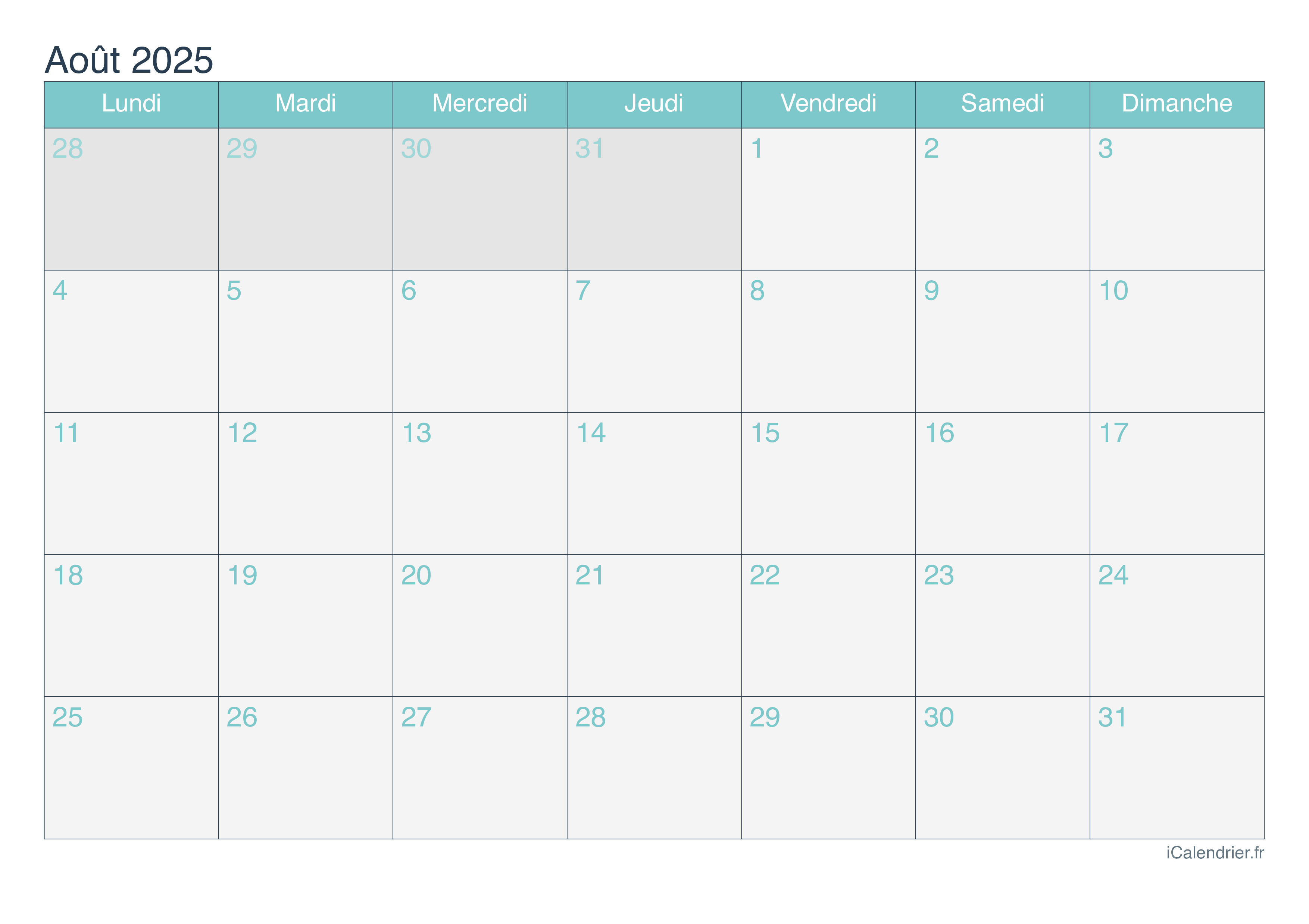 Calendrier août 2025 à imprimer iCalendrier