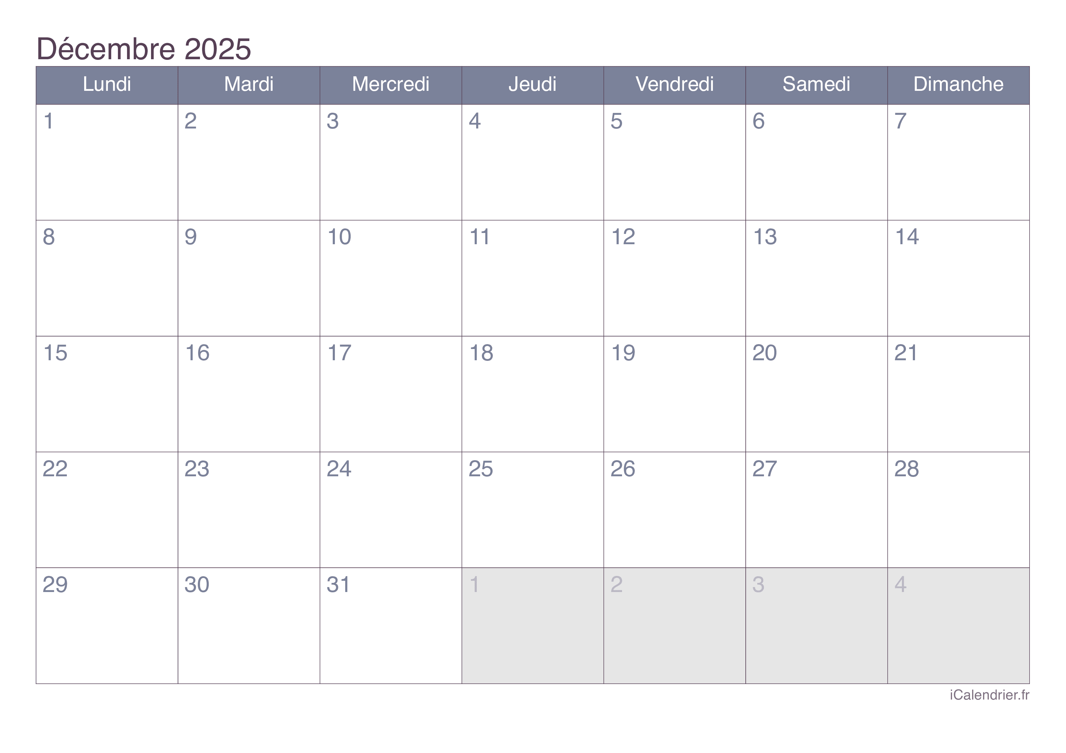 Calendrier décembre 2025 à imprimer iCalendrier