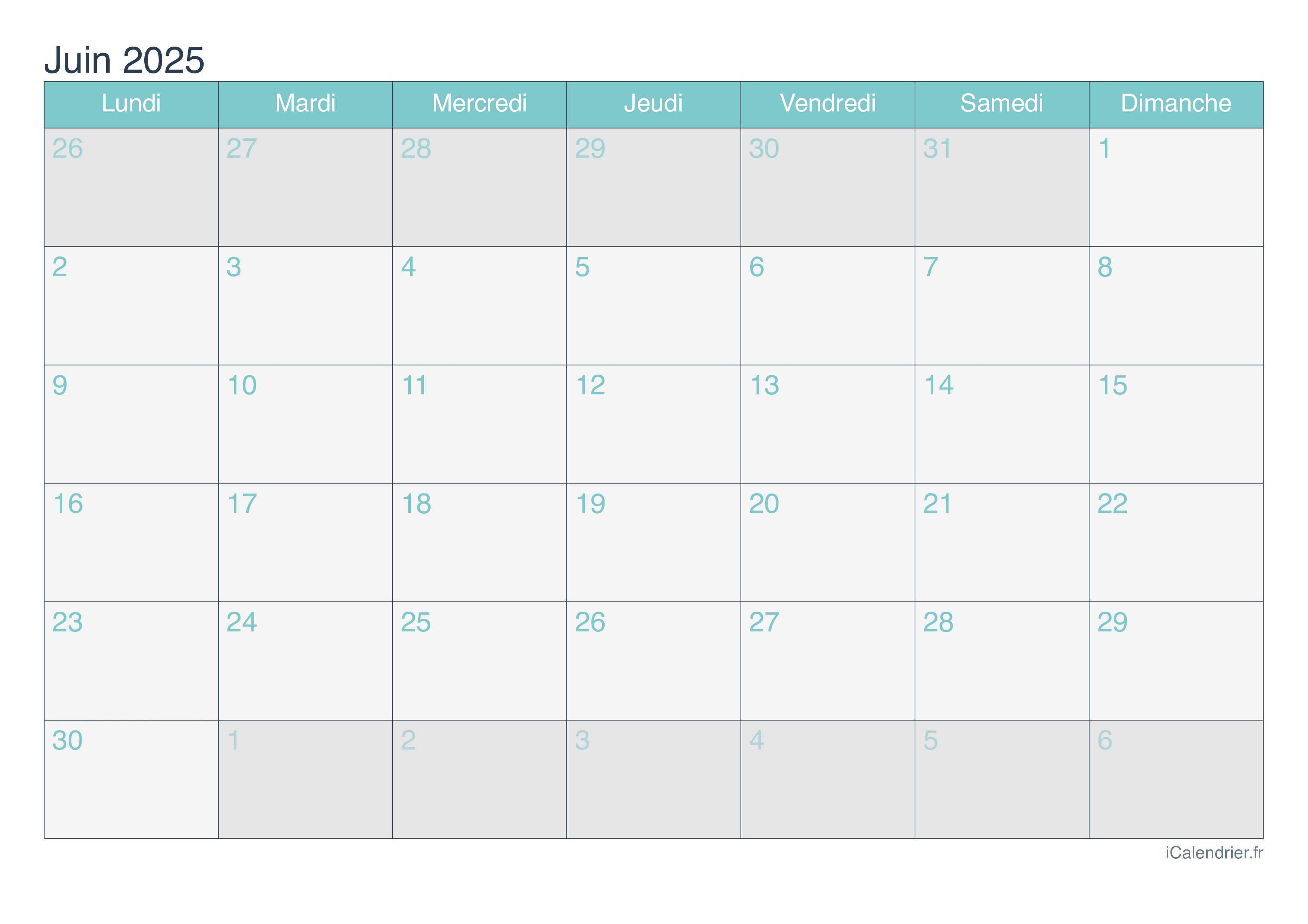 Calendrier juin 2025 à imprimer - iCalendrier