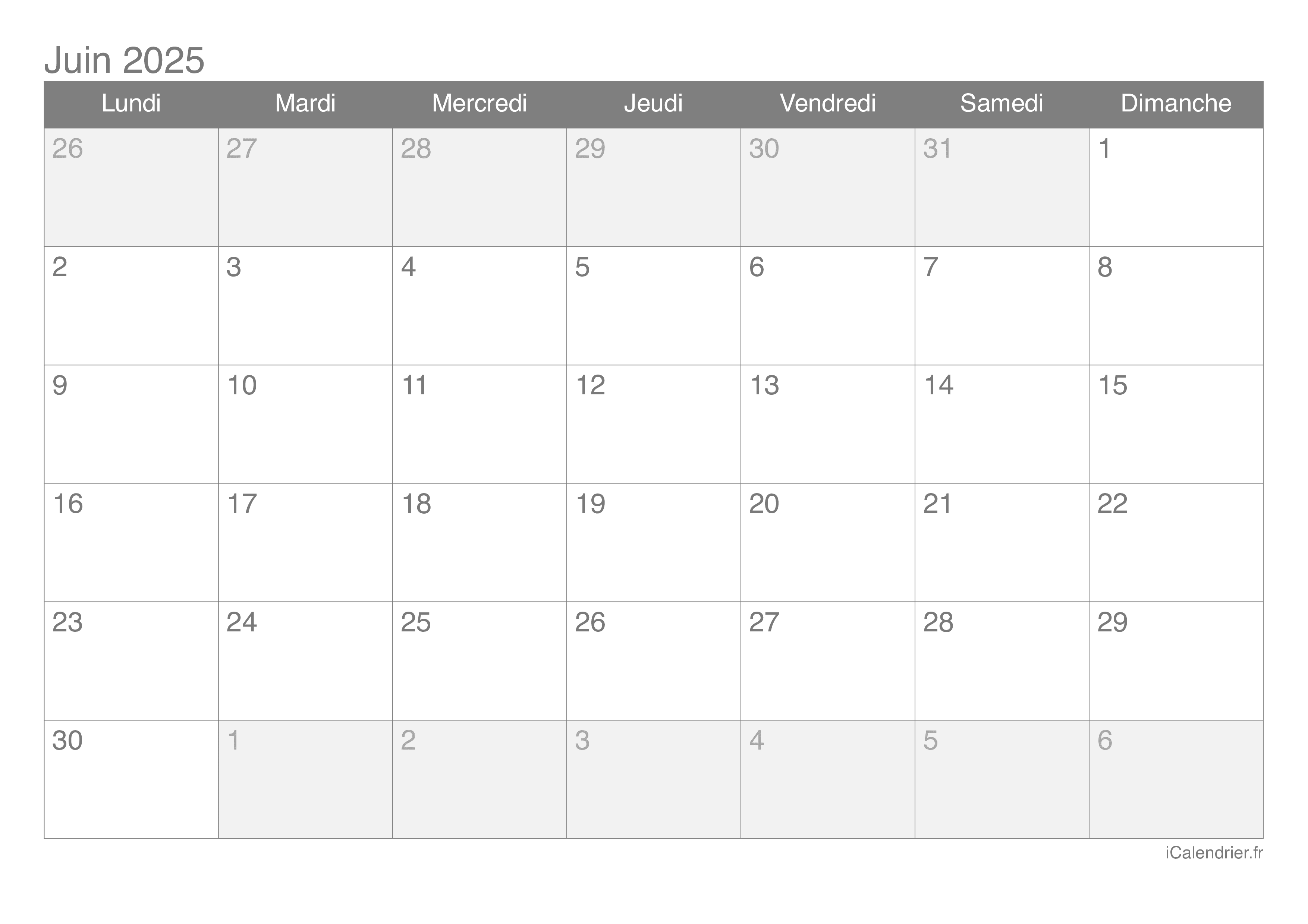 Calendrier juin 2025 à imprimer - iCalendrier