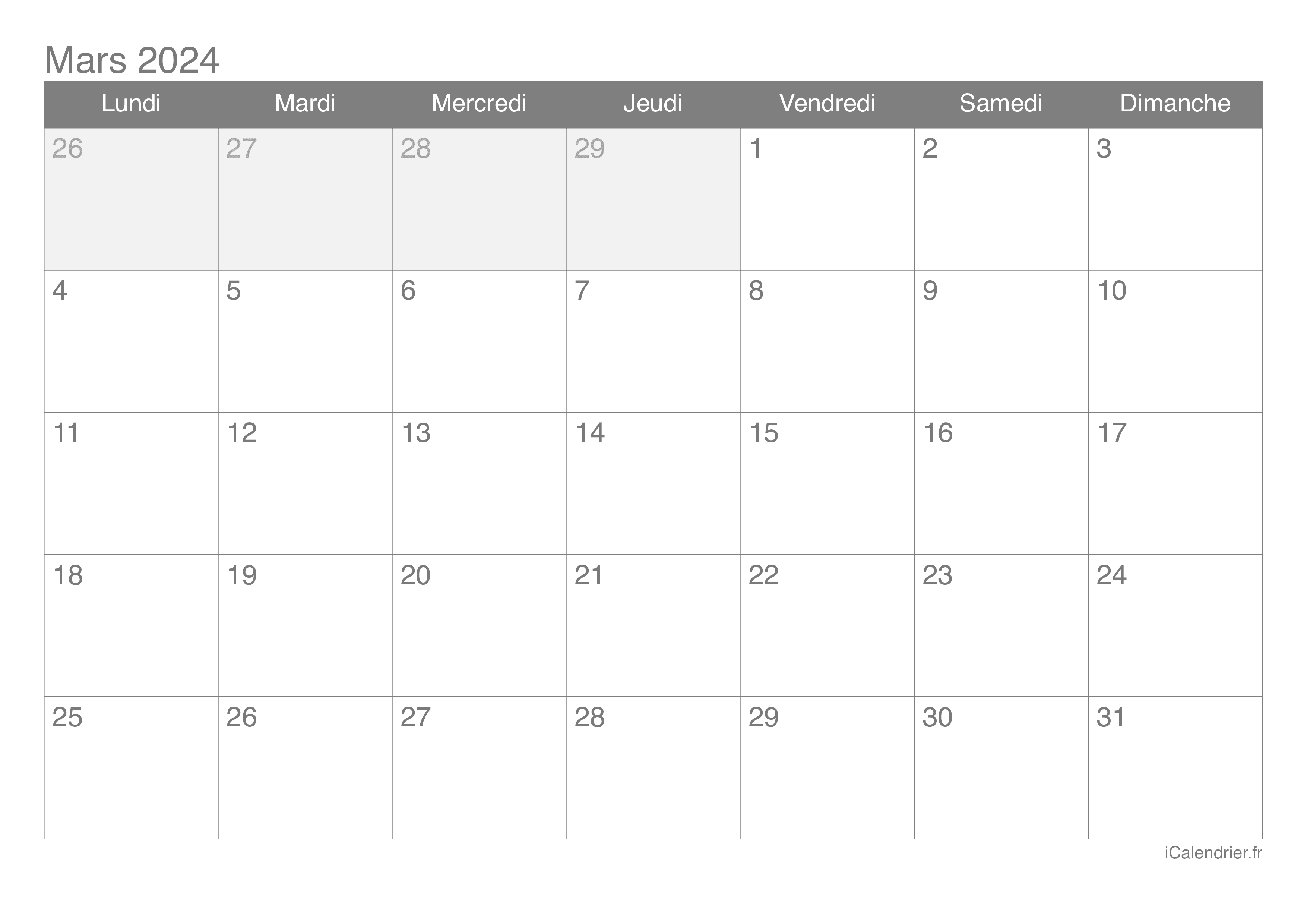 Calendrier mars 2024 à imprimer - iCalendrier