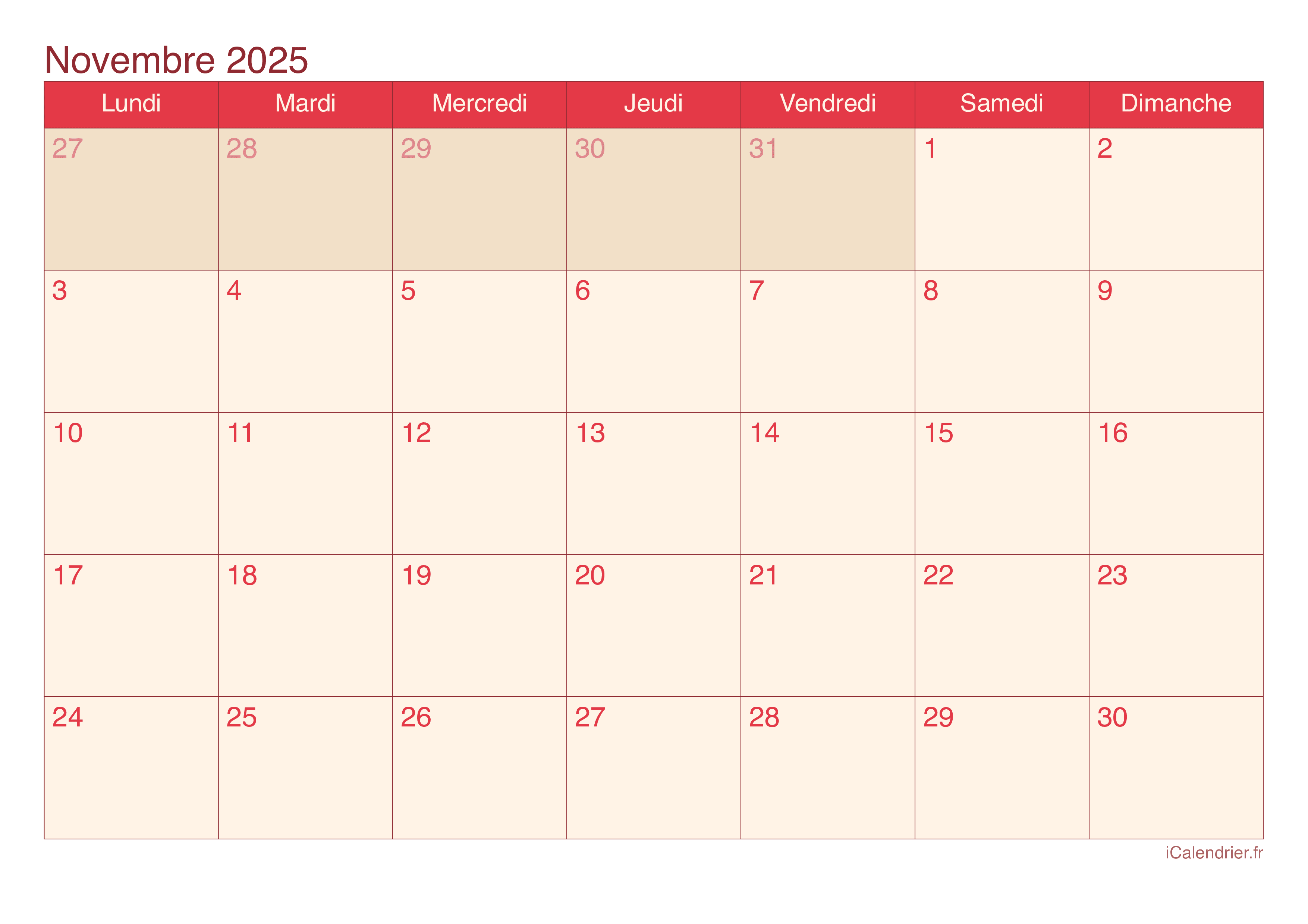 Calendrier novembre 2025 à imprimer iCalendrier