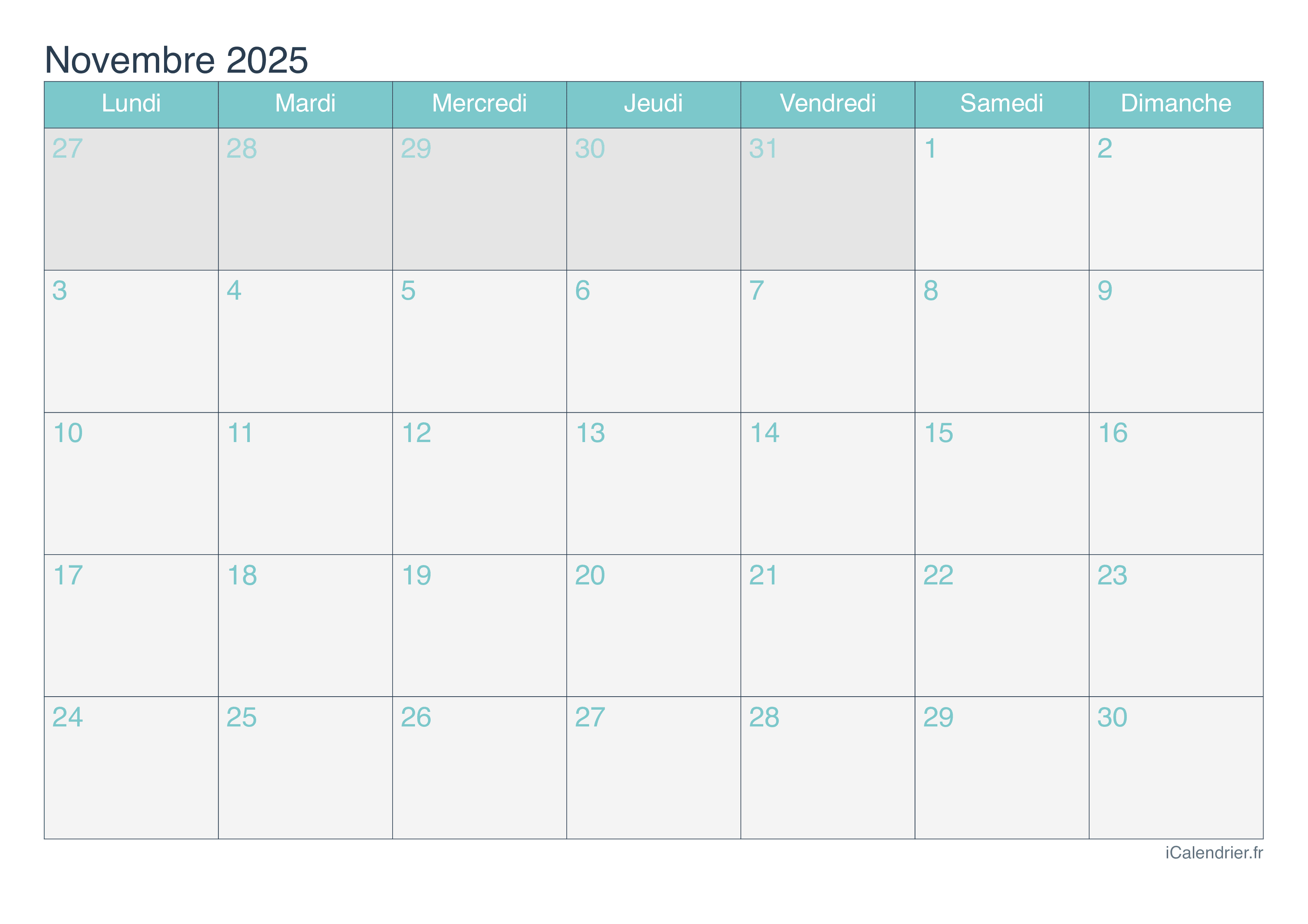 Calendrier novembre 2025 à imprimer iCalendrier
