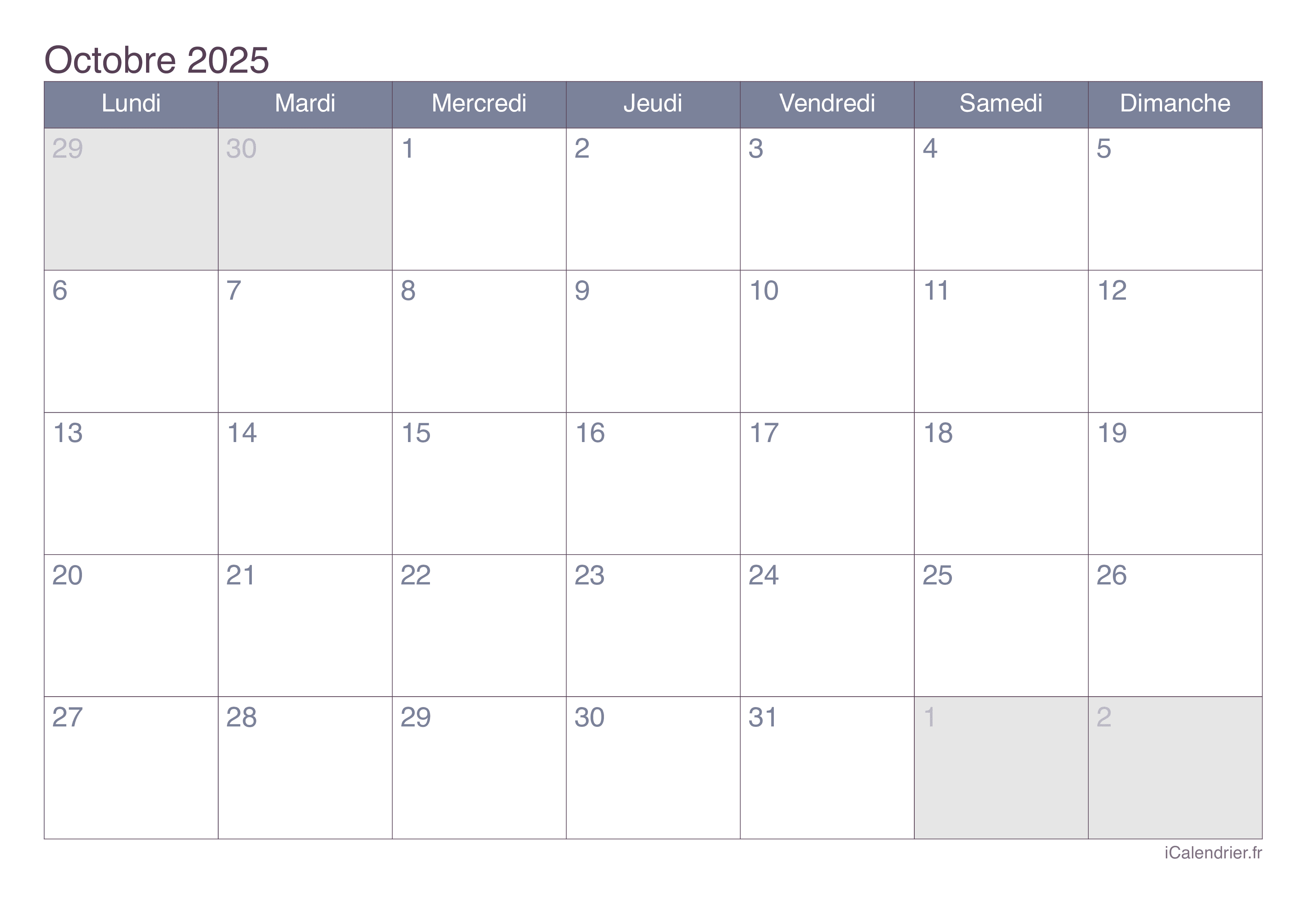 Calendrier octobre 2025 à imprimer iCalendrier