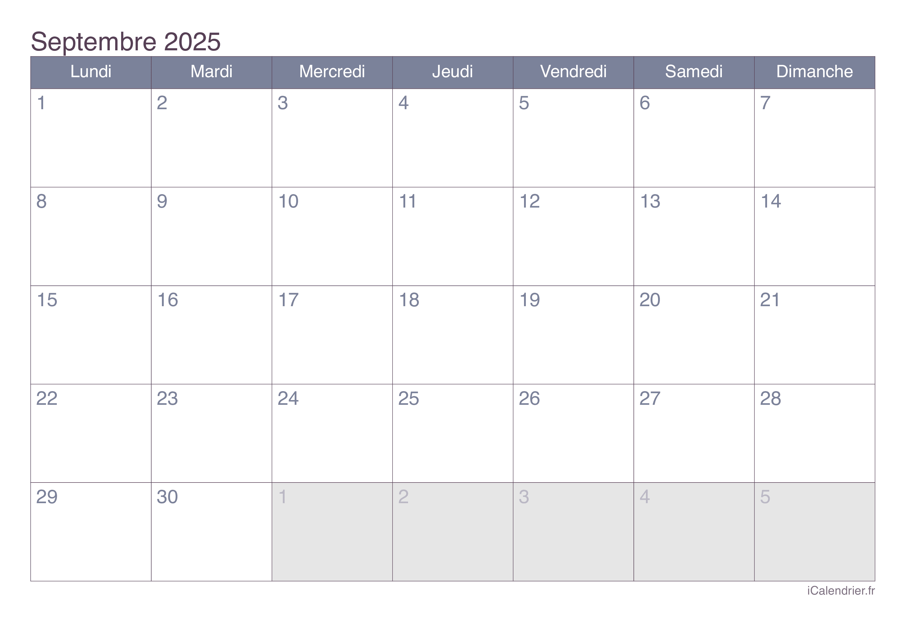 Calendrier septembre 2025 à imprimer iCalendrier