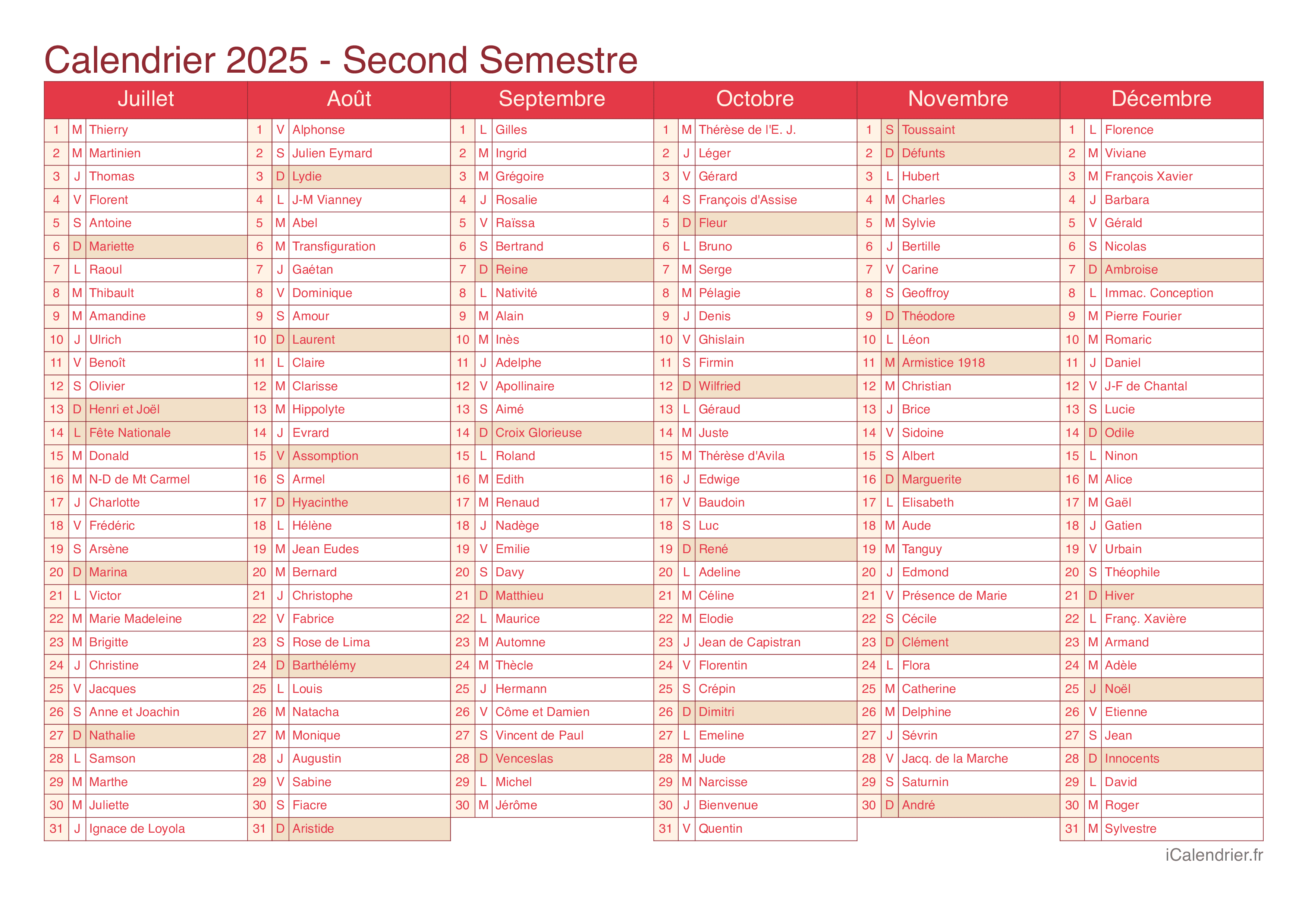 Calendrier 2025 à imprimer PDF et Excel - iCalendrier