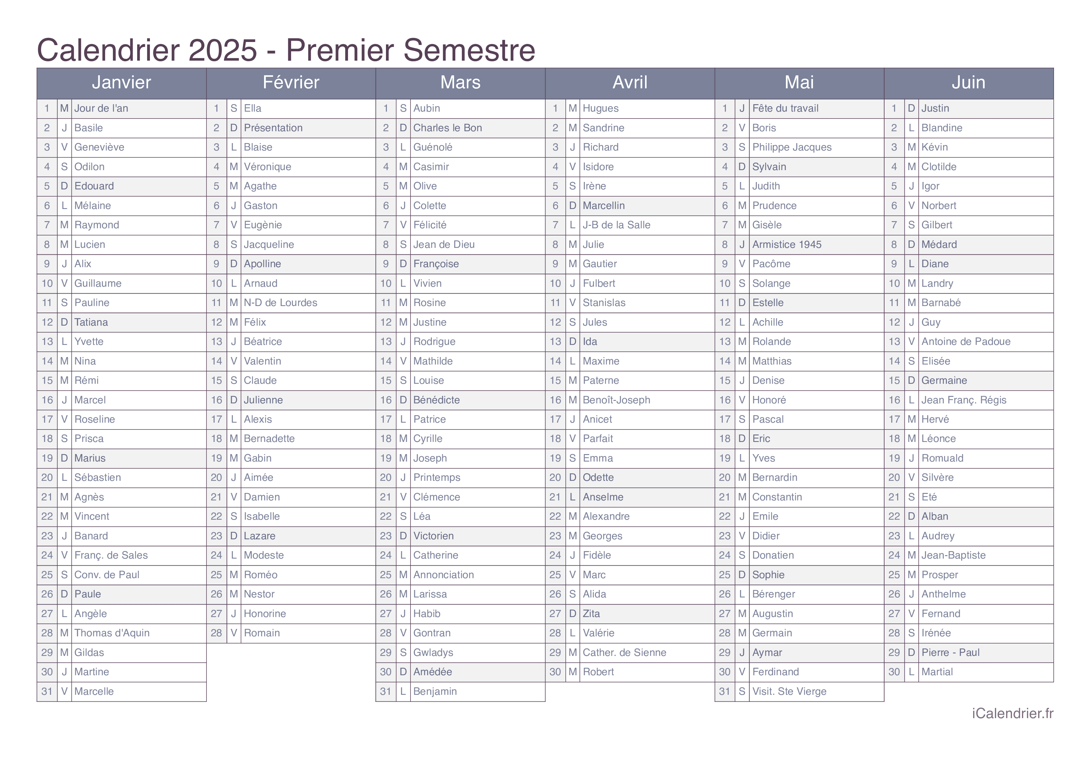 Calendrier 2025 à imprimer PDF et Excel - iCalendrier