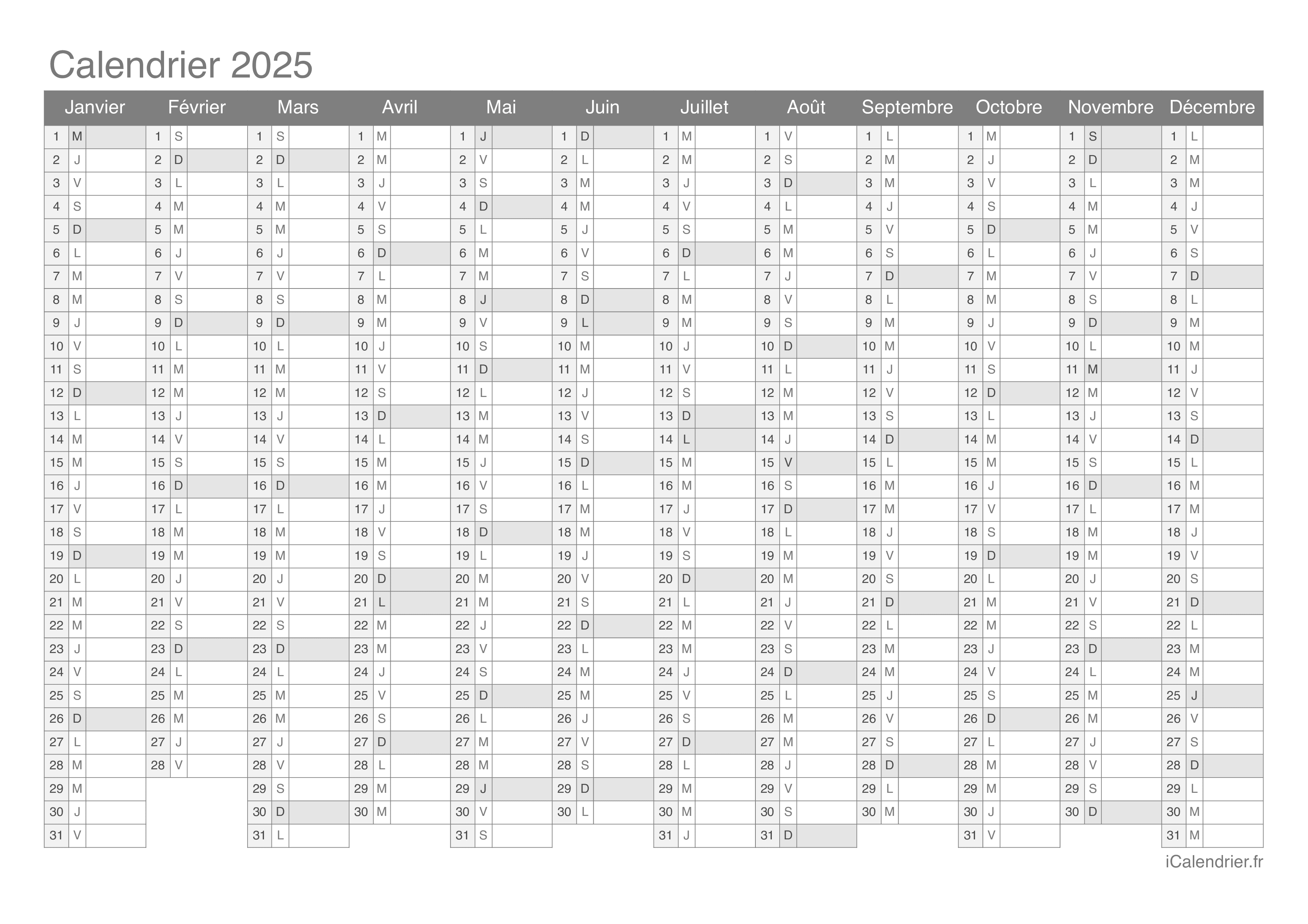 Calendrier 2025 imprimable au format PDF gratuit