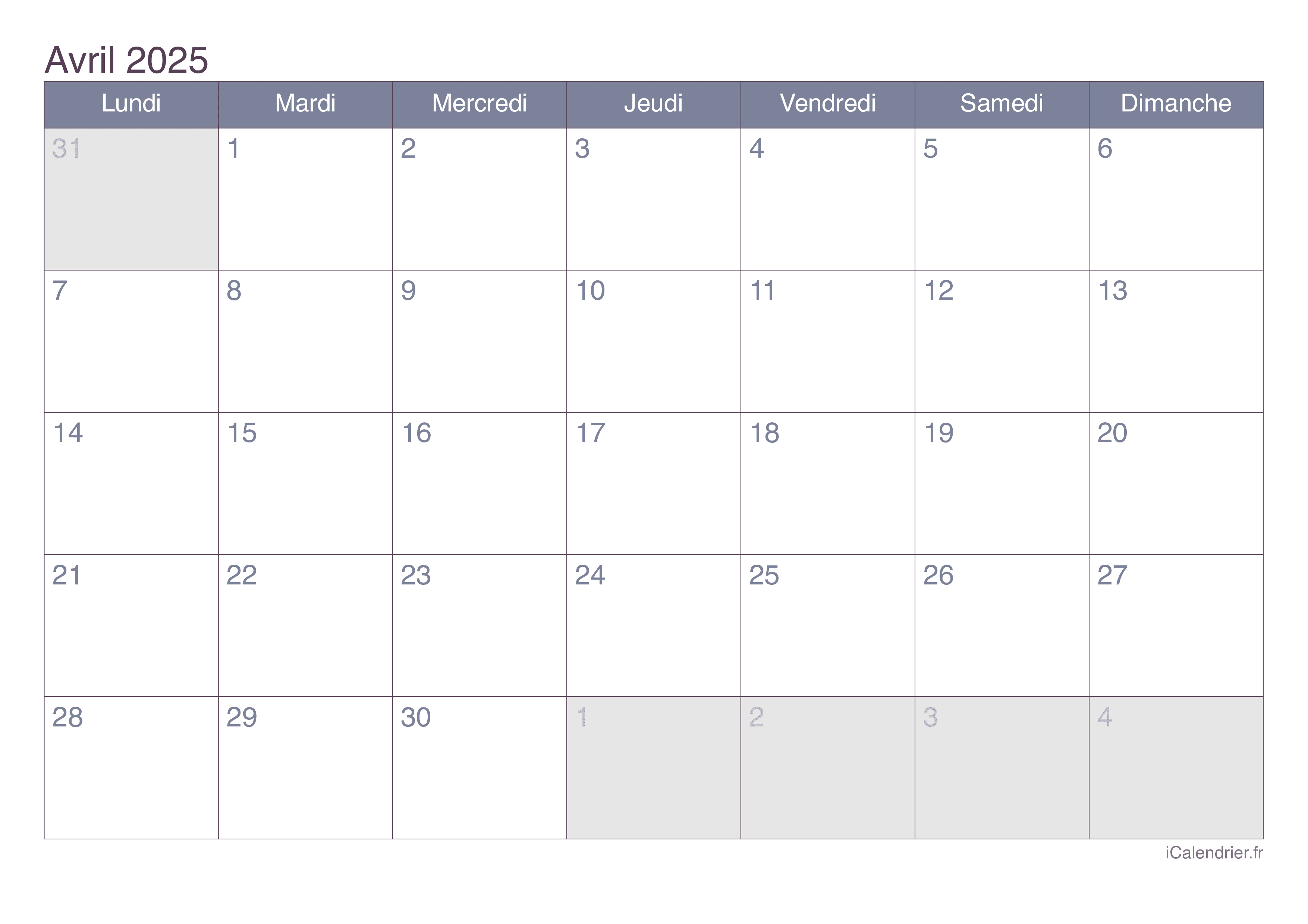 Calendrier avril 2025 à imprimer iCalendrier